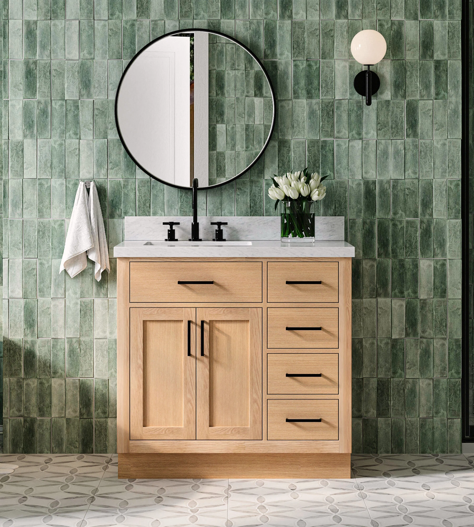 ARIEL Hepburn 37 Inch Left Offset Single Rectangle Sink Bathroom Vanity With Italian Carrara White Marble Countertop 1.5 Inch Edge In Oak
