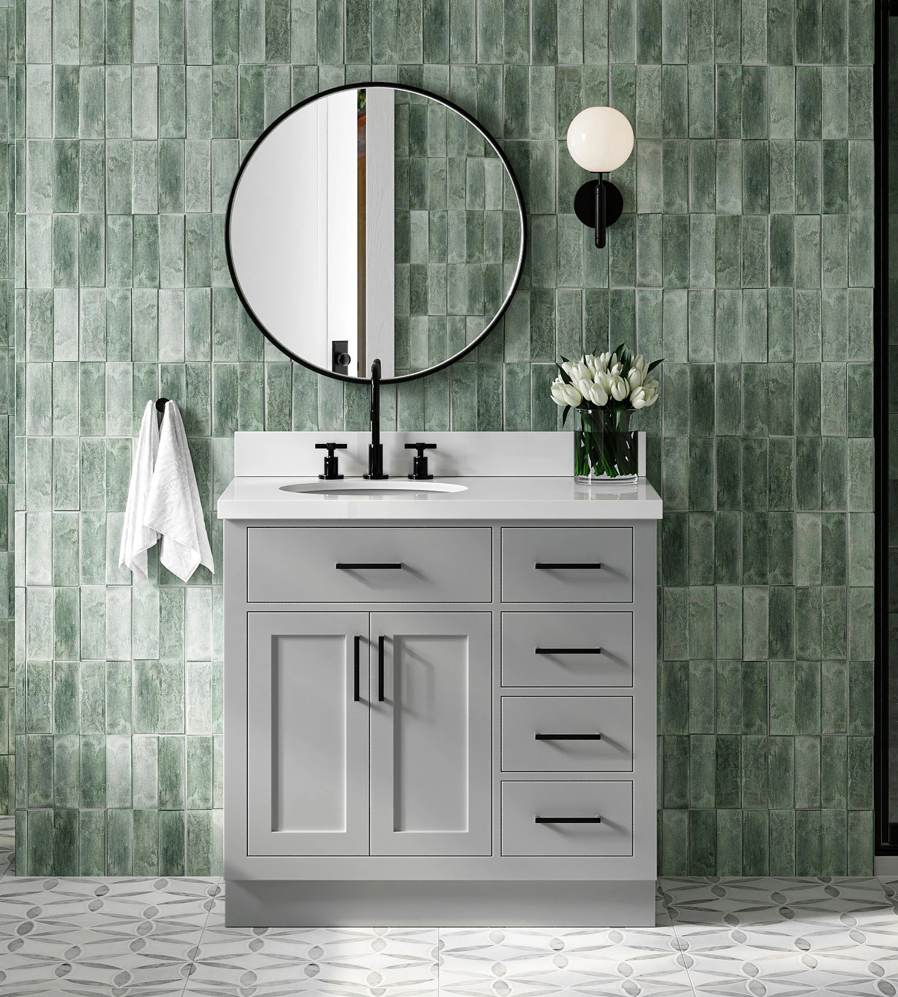 ARIEL Hepburn 37 In. Left Offset Oval Sink Vanity With White Quartz Countertop 1.5" Edge In Grey