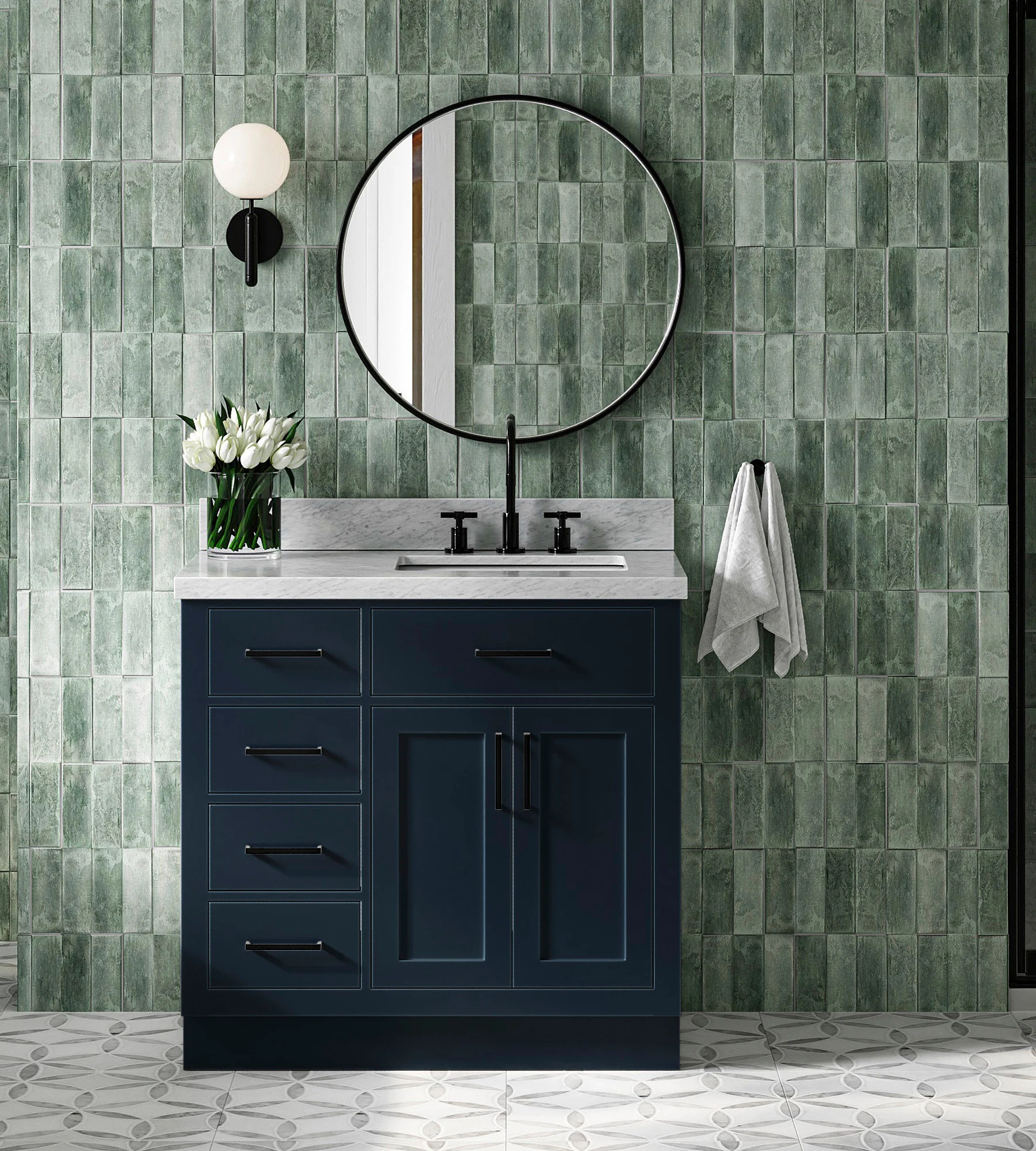 ARIEL Hepburn 37 In. Right Offset Rectangle Sink Vanity With 1.5 In. Italian Carrara White Marble Countertop In Midnight Blue