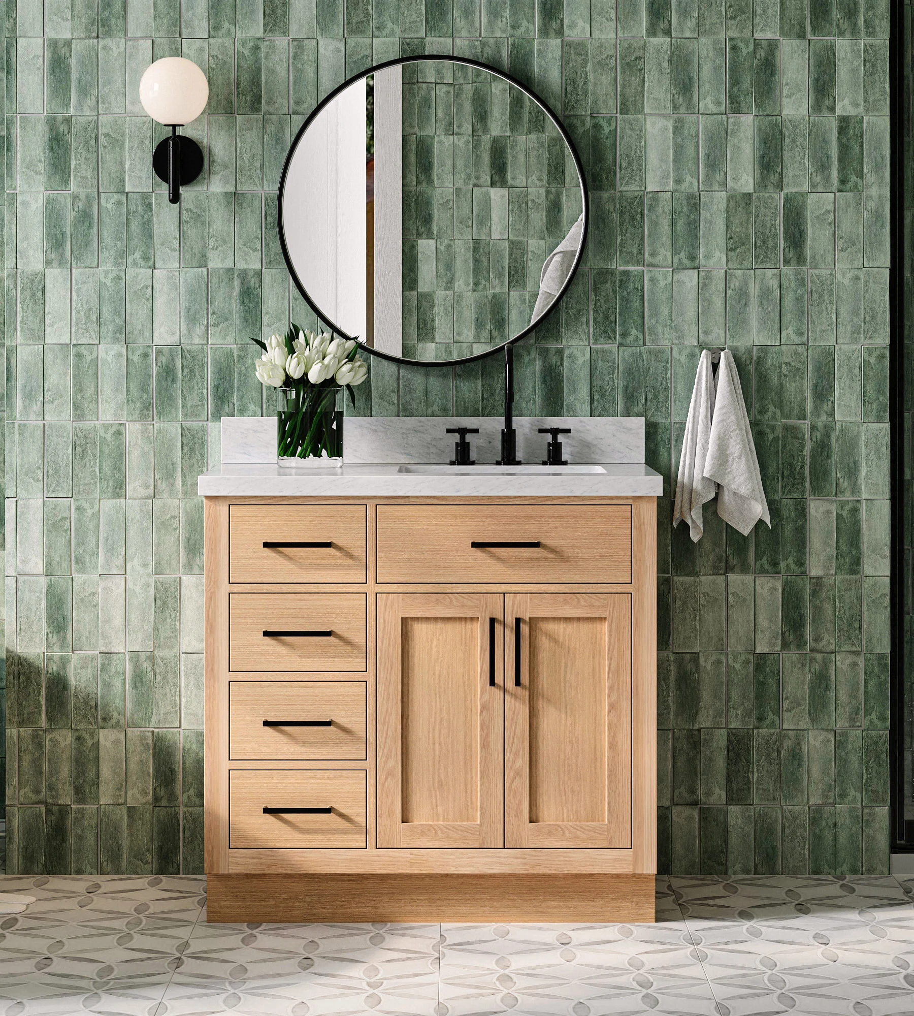 ARIEL Hepburn 37 Inch Right Offset Single Rectangle Sink Bathroom Vanity With Italian Carrara White Marble Countertop 1.5 Inch Edge In Oak
