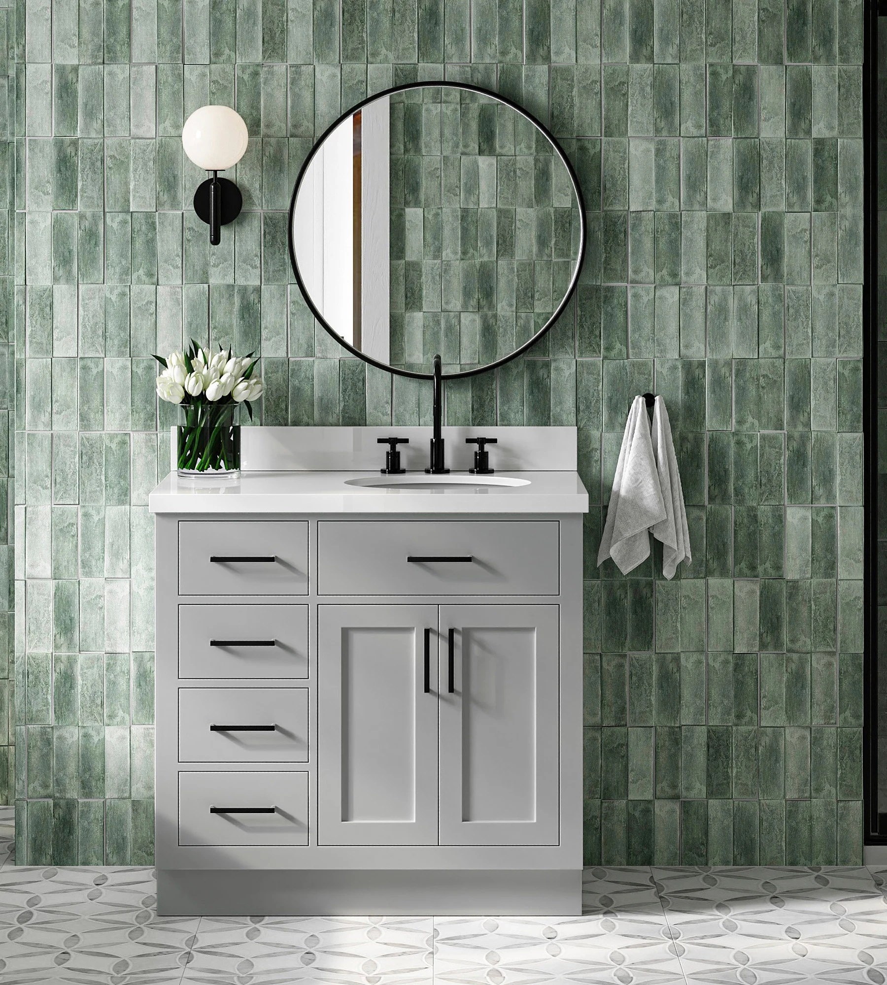 ARIEL Hepburn 37 In. Right Offset Oval Sink Vanity With White Quartz Countertop In Grey