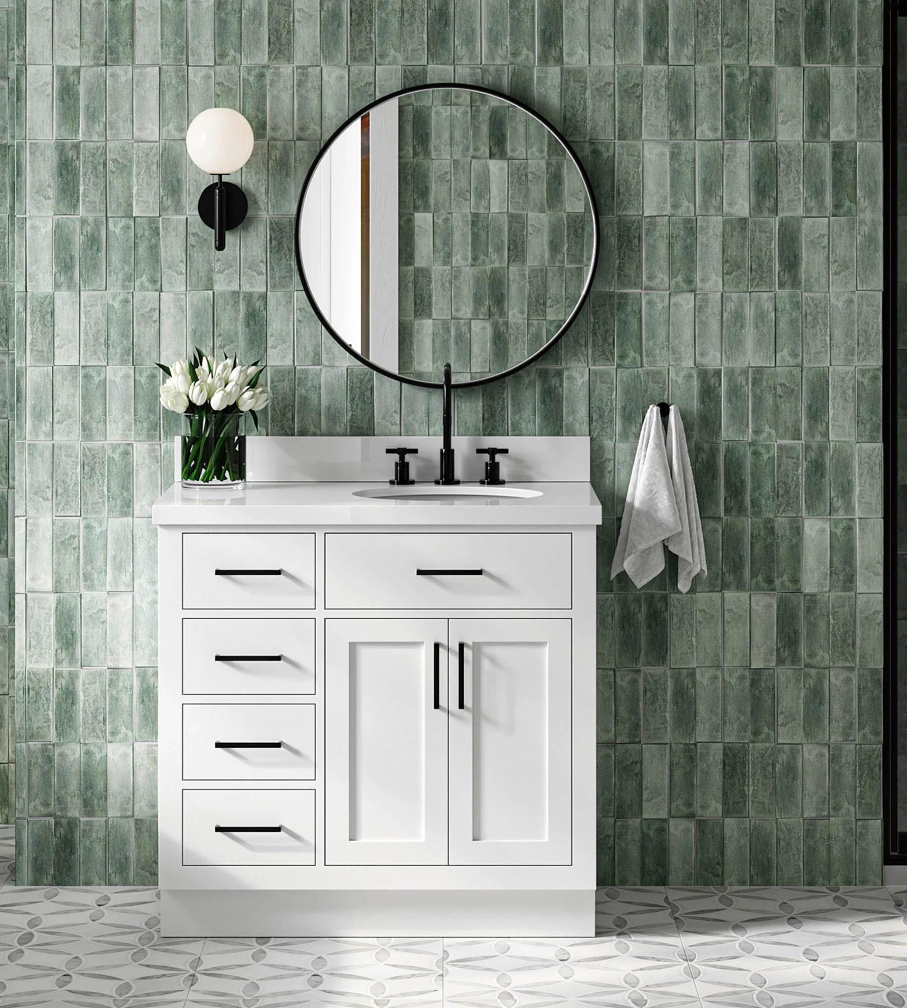 ARIEL Hepburn 37 In. Right Offset Oval Sink Vanity With White Quartz Countertop In White