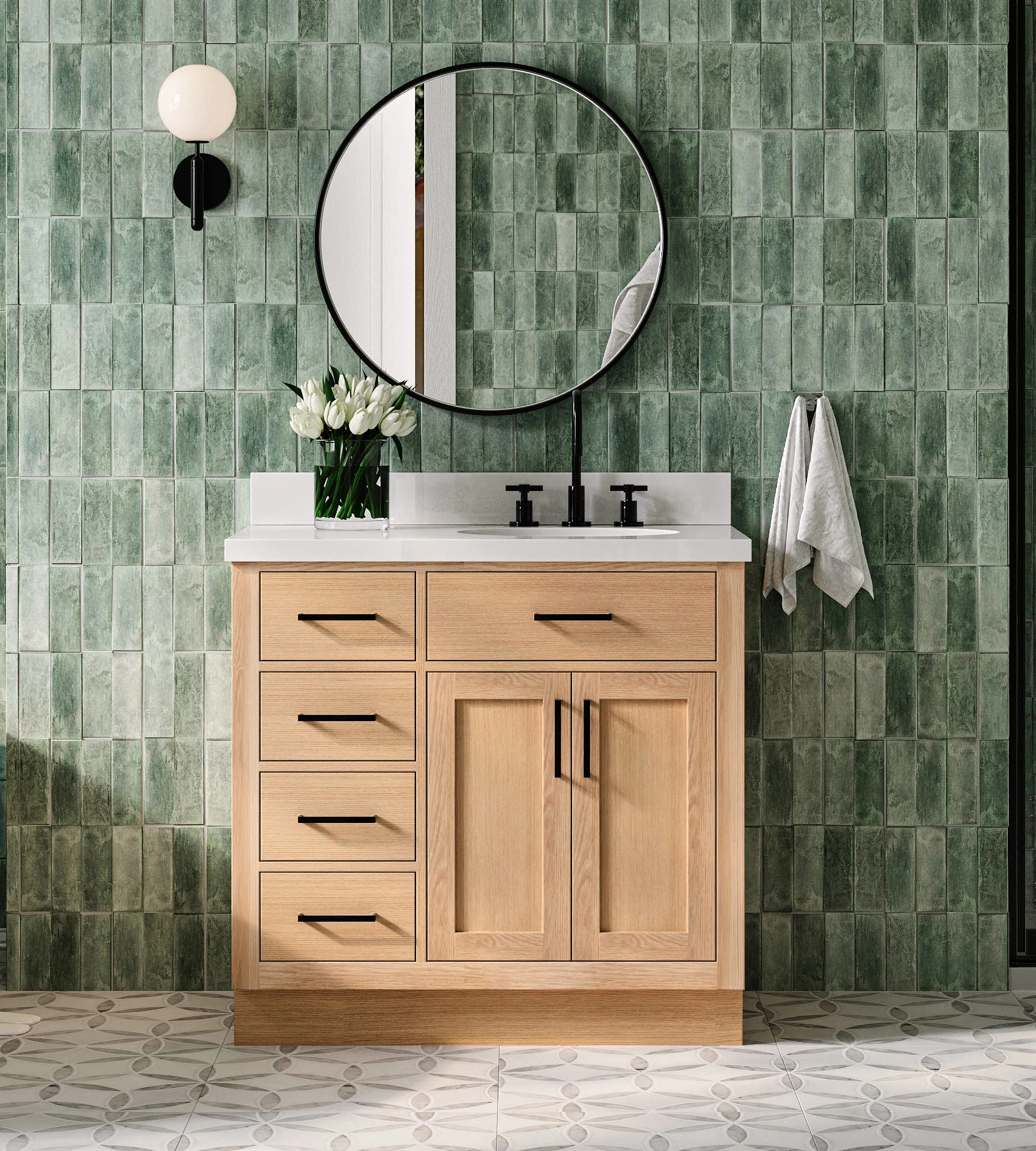 ARIEL Hepburn 37 Inch Right Offset Single Oval Sink Bathroom Vanity With Pure White Quartz Countertop 1.5 Inch Edge In Oak