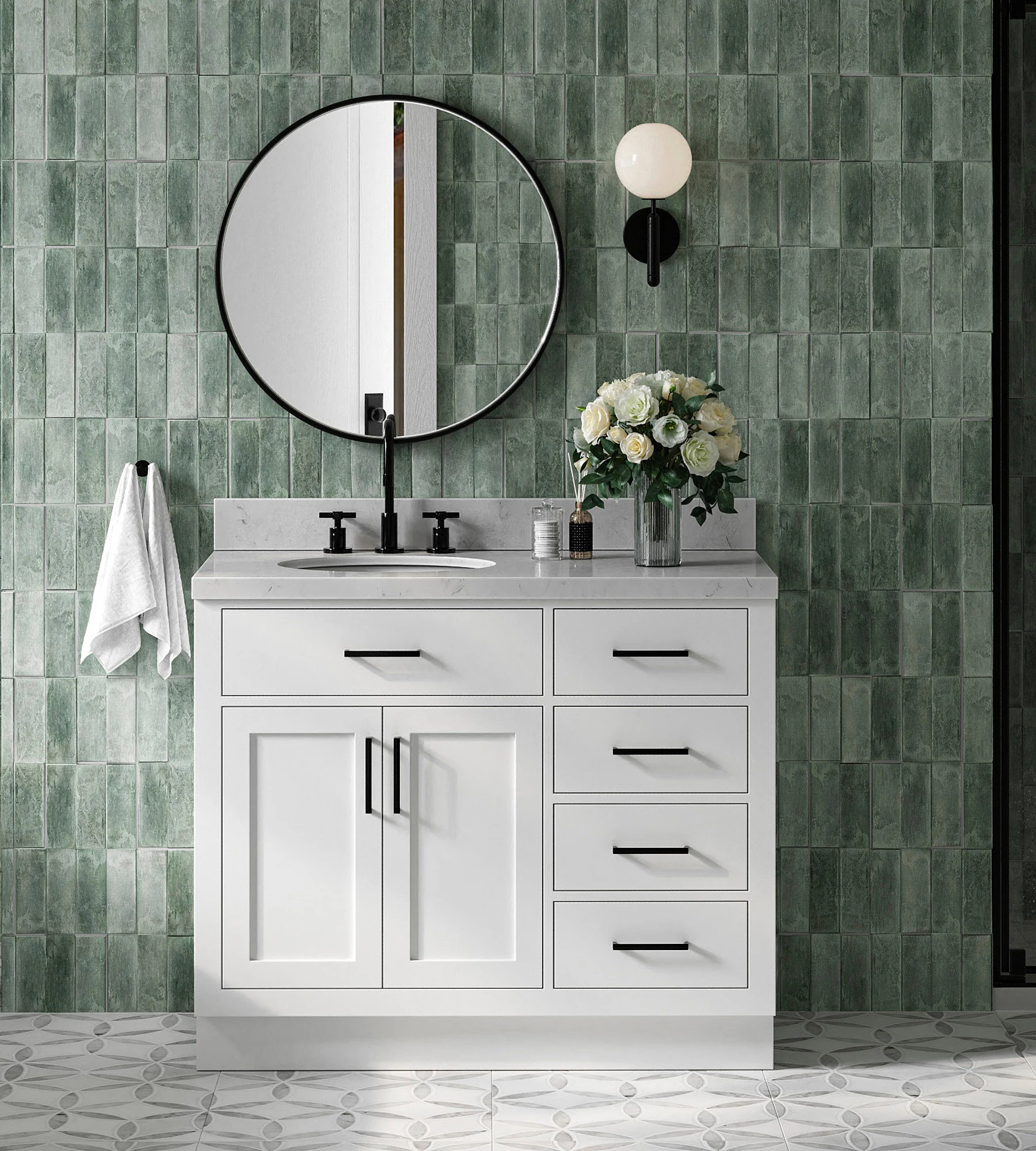 ARIEL Hepburn 42 In. Left Offset Single Sink Base Cabinet In White
