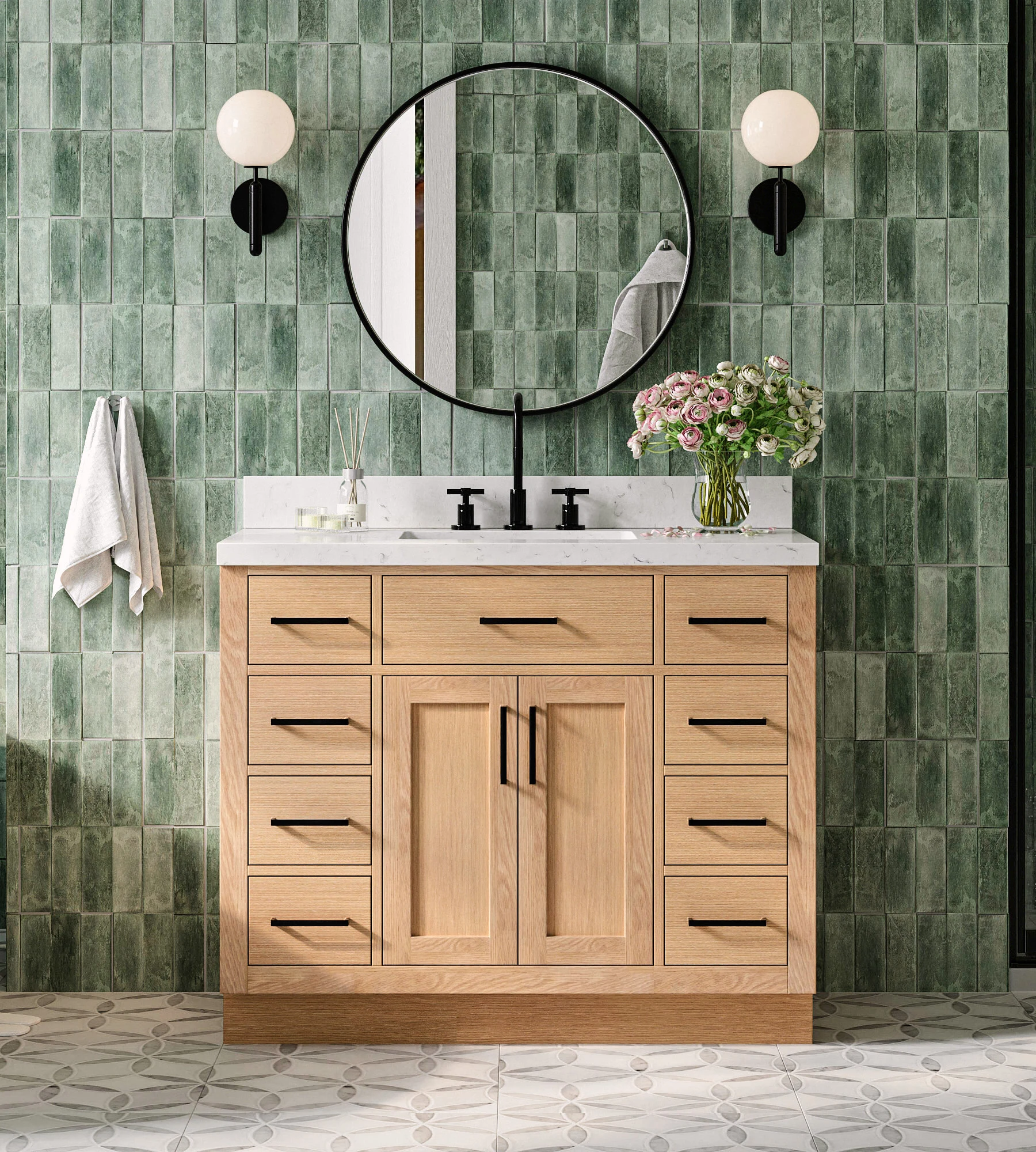 ARIEL Hepburn 42 Inch Single Rectangle Sink Bathroom Vanity With Carrara White Quartz Countertop 1.5 Inch Edge In Oak