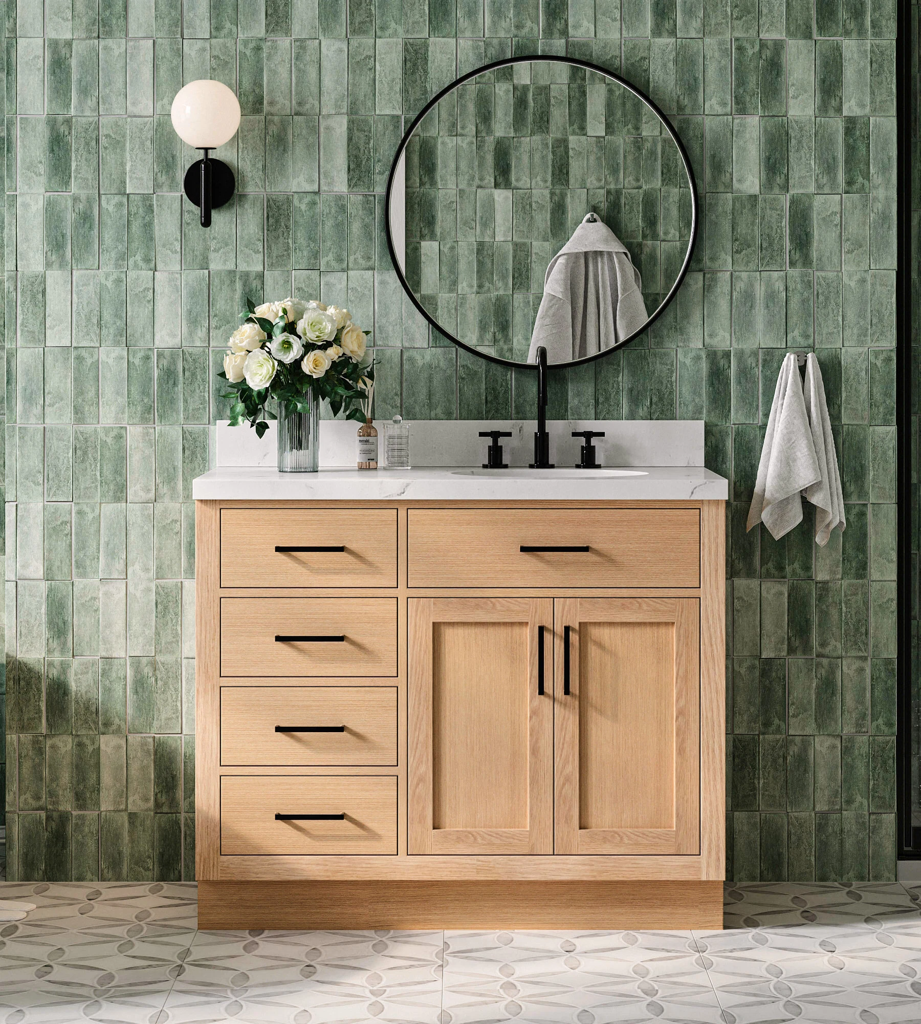 ARIEL Hepburn 42 Inch Right Offset Single Oval Sink Bathroom Vanity With Carrara White Quartz Countertop 1.5 Inch Edge In Oak