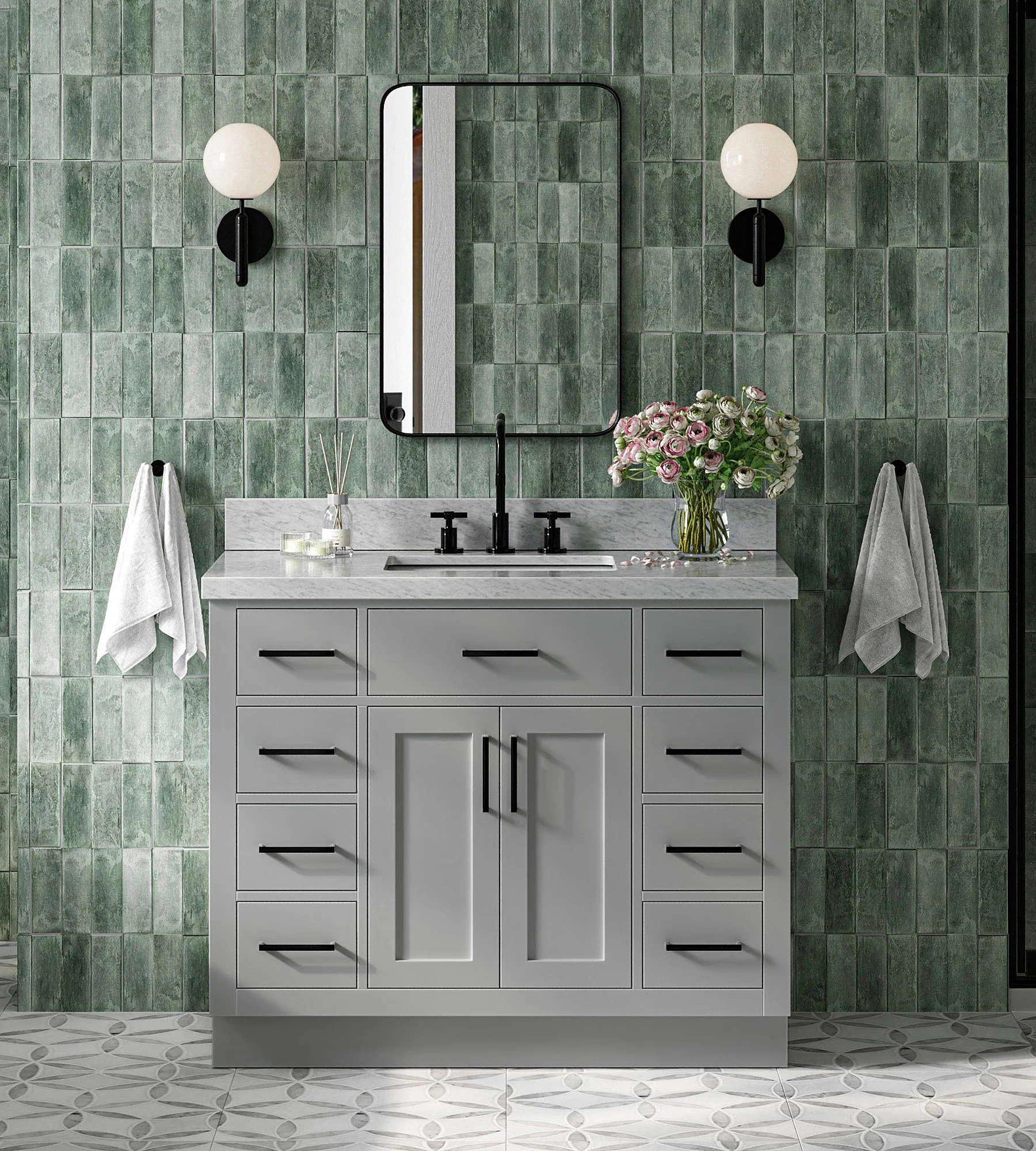 ARIEL Hepburn 43 In. Rectangle Sink Vanity With 1.5 In. Italian Carrara White Marble Countertop In Grey
