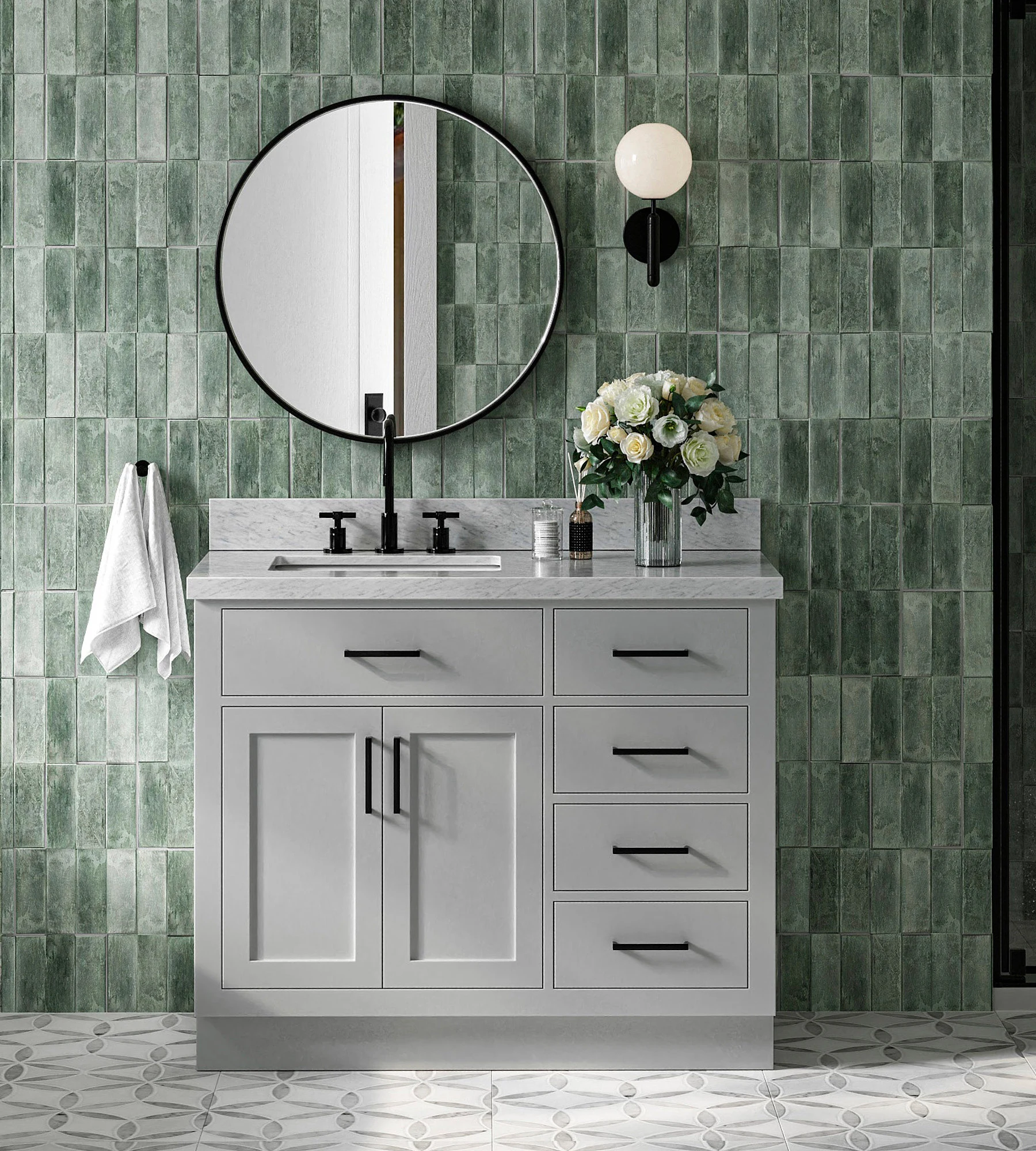 ARIEL Hepburn 43 In. Left Offset Rectangle Sink Vanity With 1.5 In. Italian Carrara White Marble Countertop In Grey