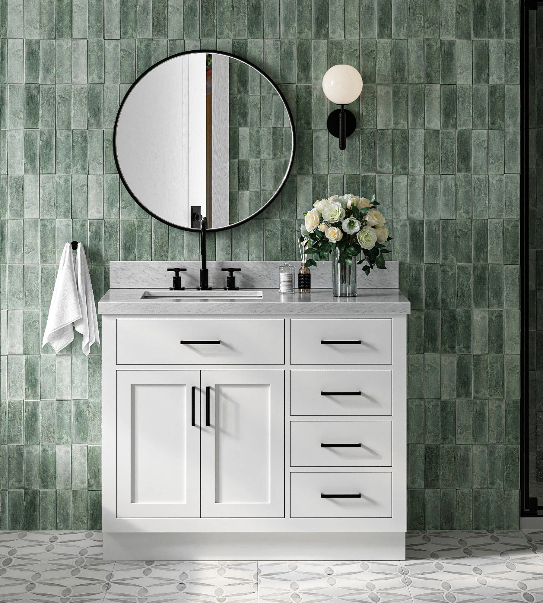 ARIEL Hepburn 43 In. Left Offset Rectangle Sink Vanity With 1.5 In. Italian Carrara White Marble Countertop In White