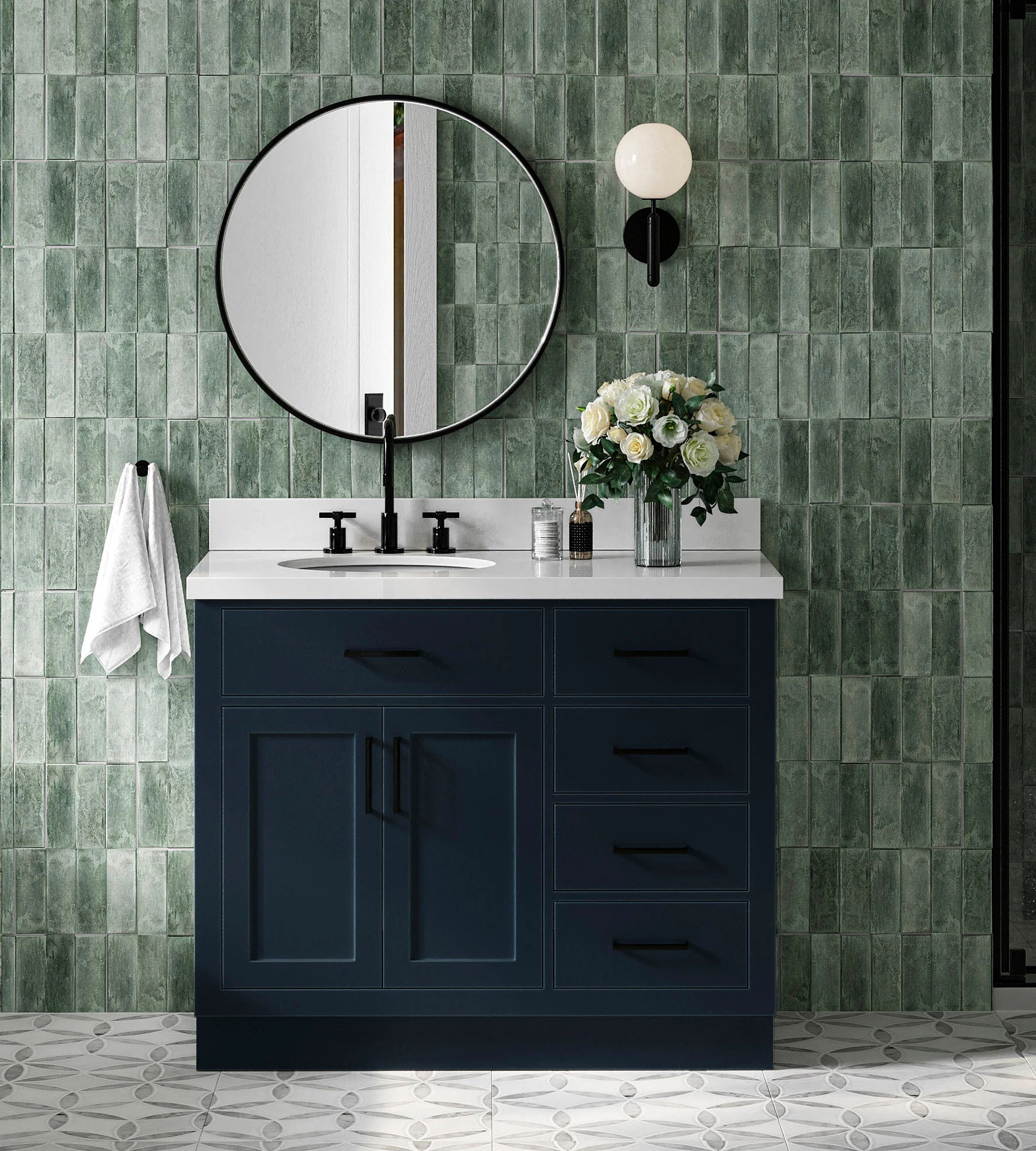 ARIEL Hepburn 43 In. Left Offset Oval Sink Vanity With White Quartz Countertop In Midnight Blue