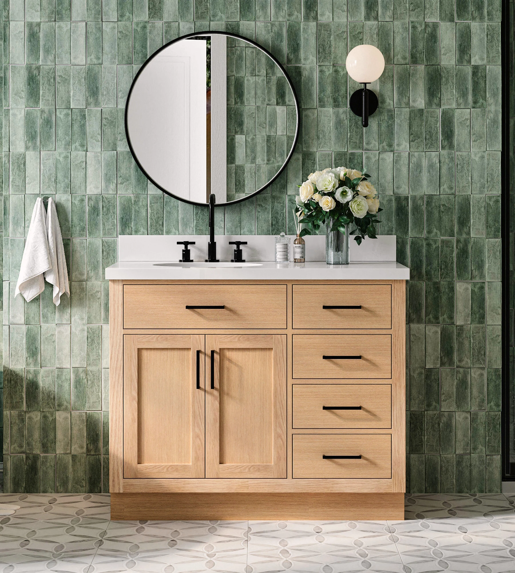 ARIEL Hepburn 43 Inch Left Offset Single Oval Sink Bathroom Vanity With Pure White Quartz Countertop 1.5 Inch Edge In Oak