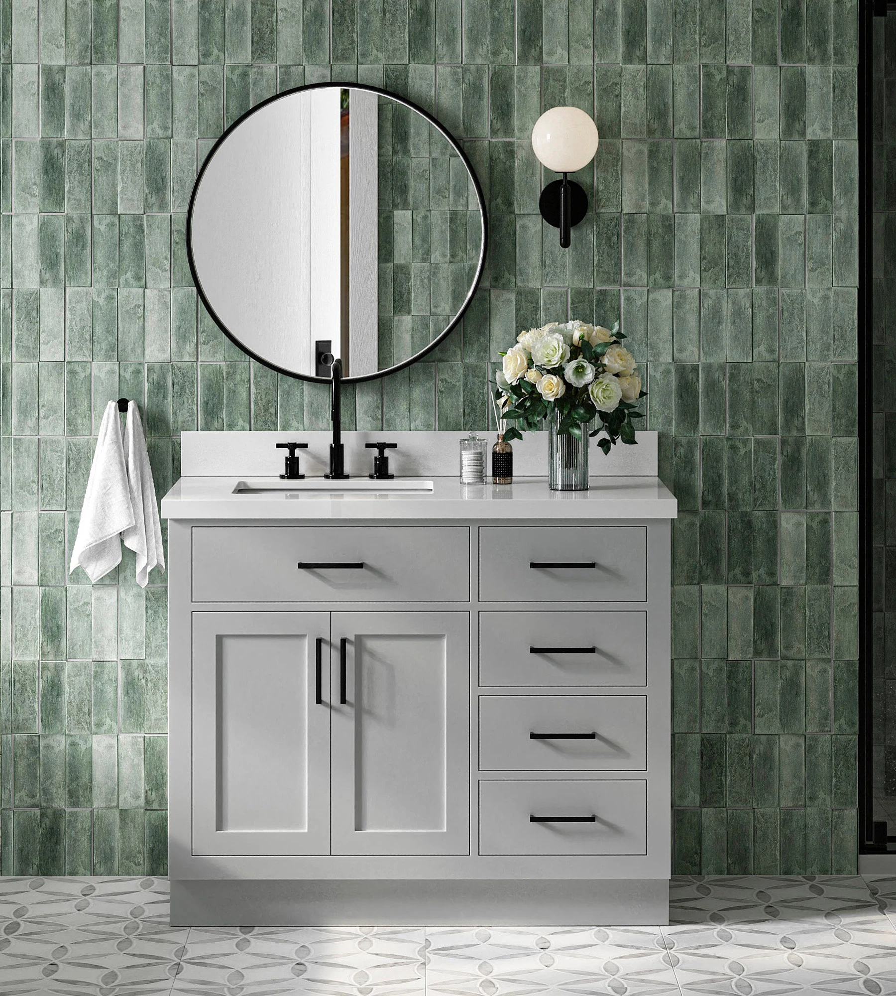 ARIEL Hepburn 43 In. Left Offset Rectangle Sink Vanity With White Quartz Countertop In Grey