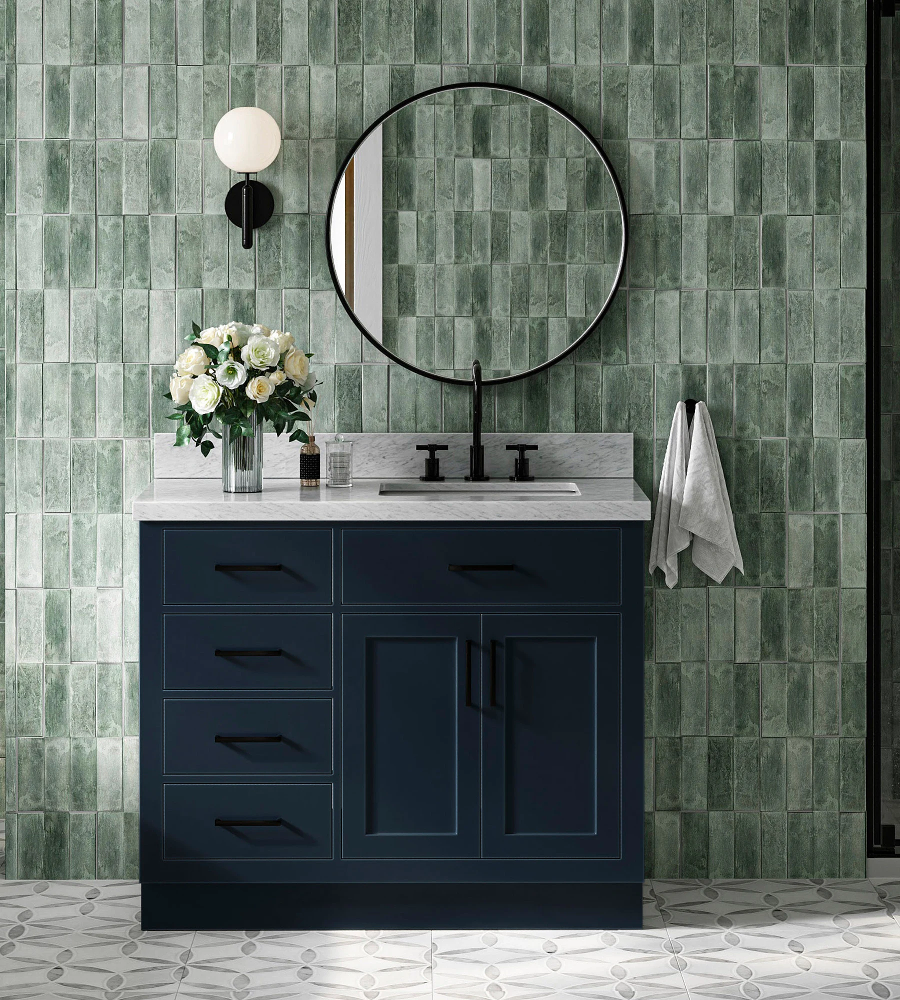 ARIEL Hepburn 43 In. Right Offset Rectangle Sink Vanity With 1.5 In. Italian Carrara White Marble Countertop In Midnight Blue