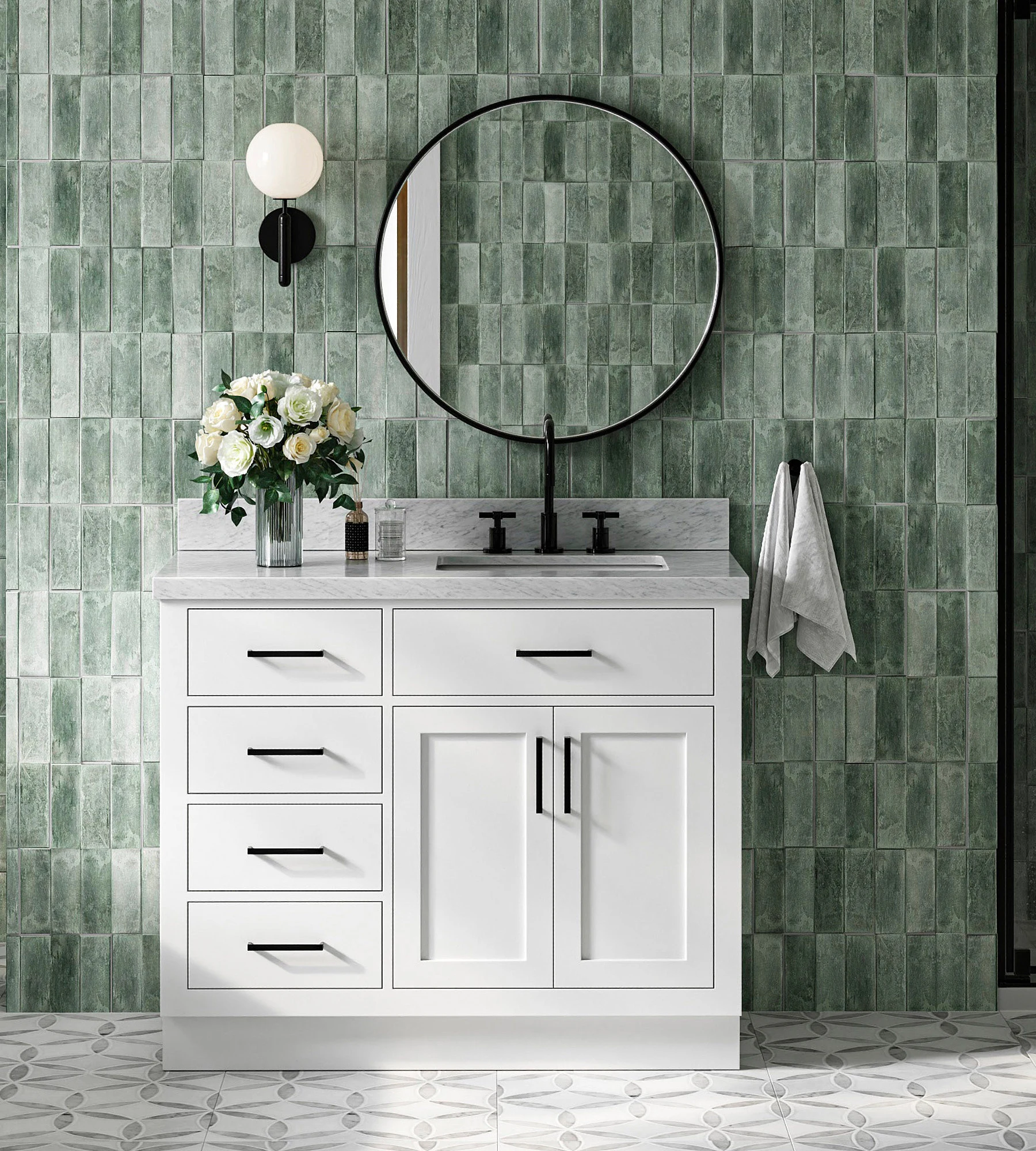 ARIEL Hepburn 43 In. Right Offset Rectangle Sink Vanity With 1.5 In. Italian Carrara White Marble Countertop In White