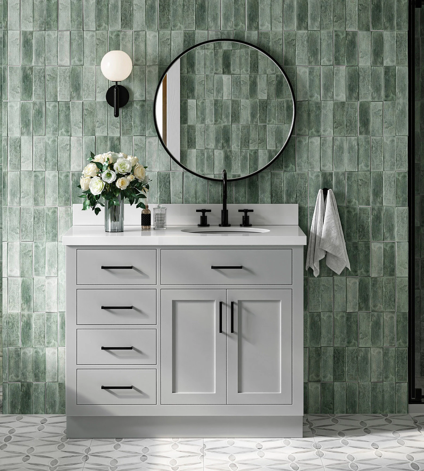 ARIEL Hepburn 43 In. Right Offset Oval Sink Vanity With White Quartz Countertop In Grey