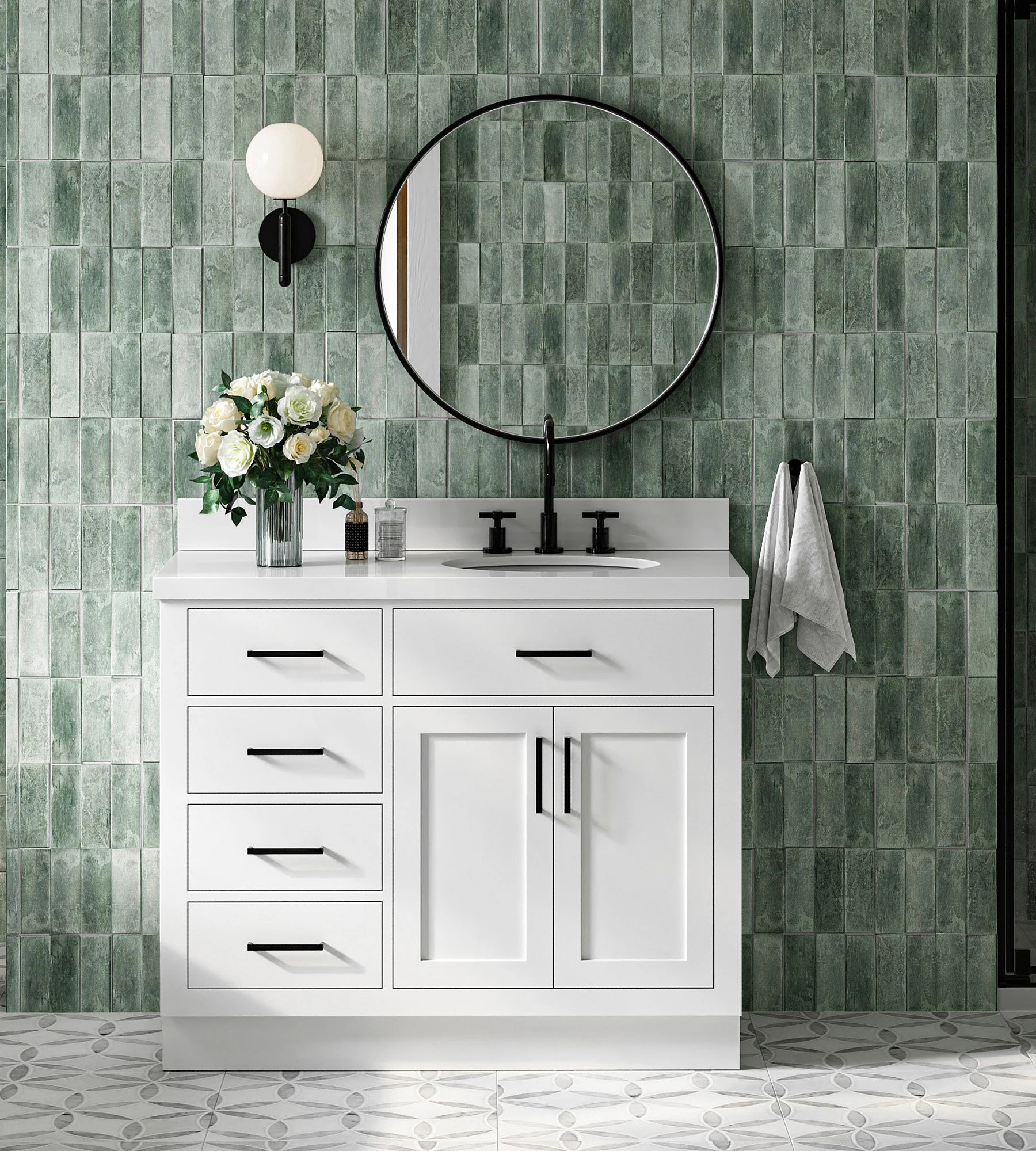 ARIEL Hepburn 43 In. Right Offset Oval Sink Vanity With White Quartz Countertop In White