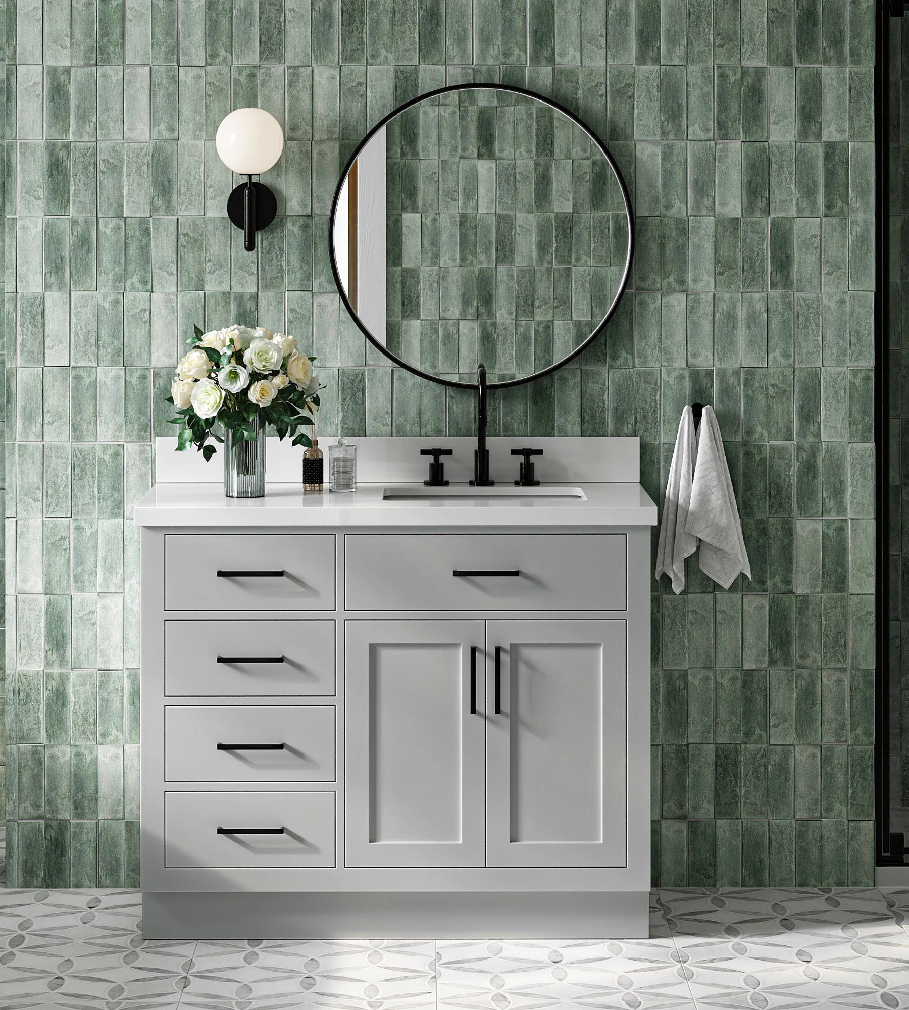 ARIEL Hepburn 43 In. Right Offset Rectangle Sink Vanity With White Quartz Countertop In Grey