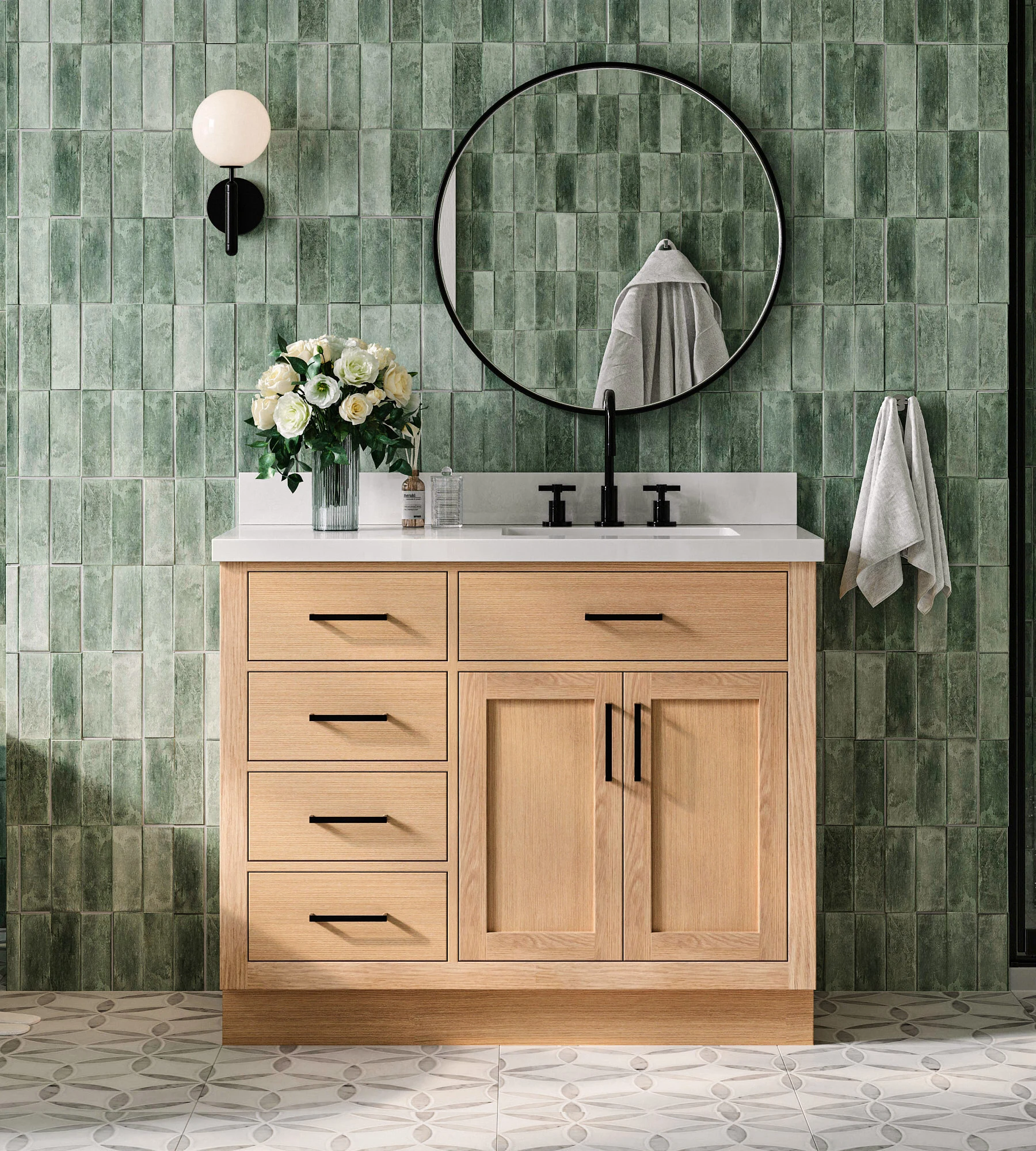 ARIEL Hepburn 43 Inch Right Offset Single Rectangle Sink Bathroom Vanity With Pure White Quartz Countertop 1.5 Inch Edge In Oak