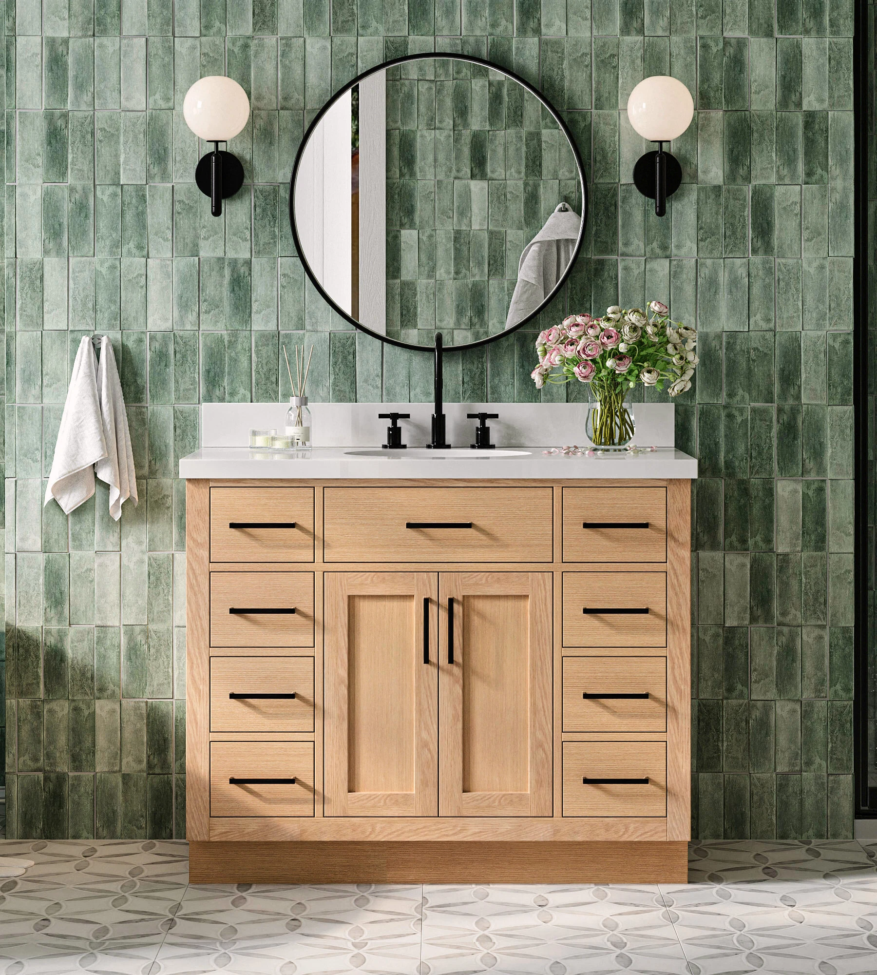 ARIEL Hepburn 43 Inch Single Oval Sink Bathroom Vanity With Pure White Quartz Countertop 1.5 Inch Edge In Oak