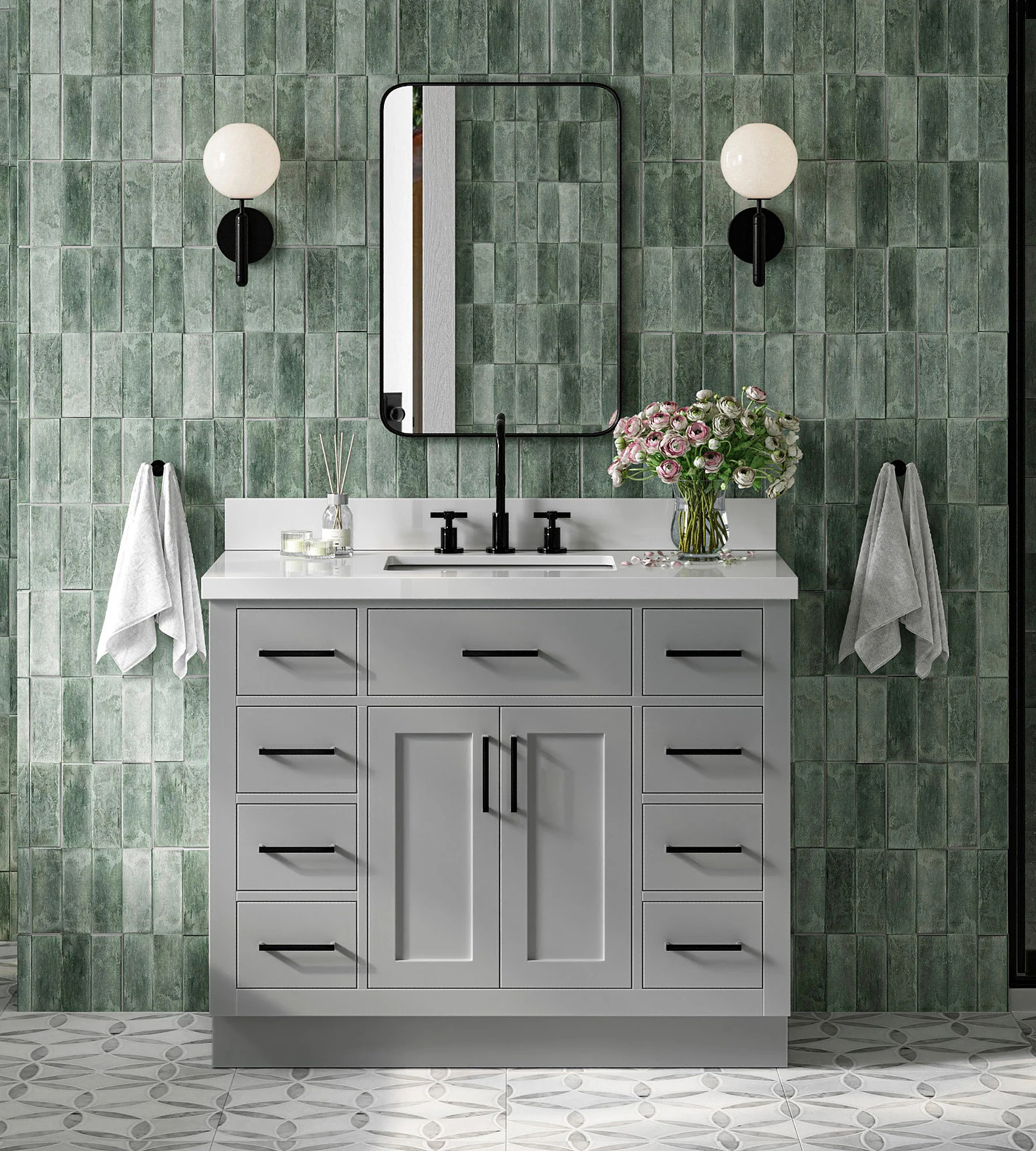 ARIEL Hepburn 43 In. Rectangle Sink Vanity With White Quartz Countertop In Grey