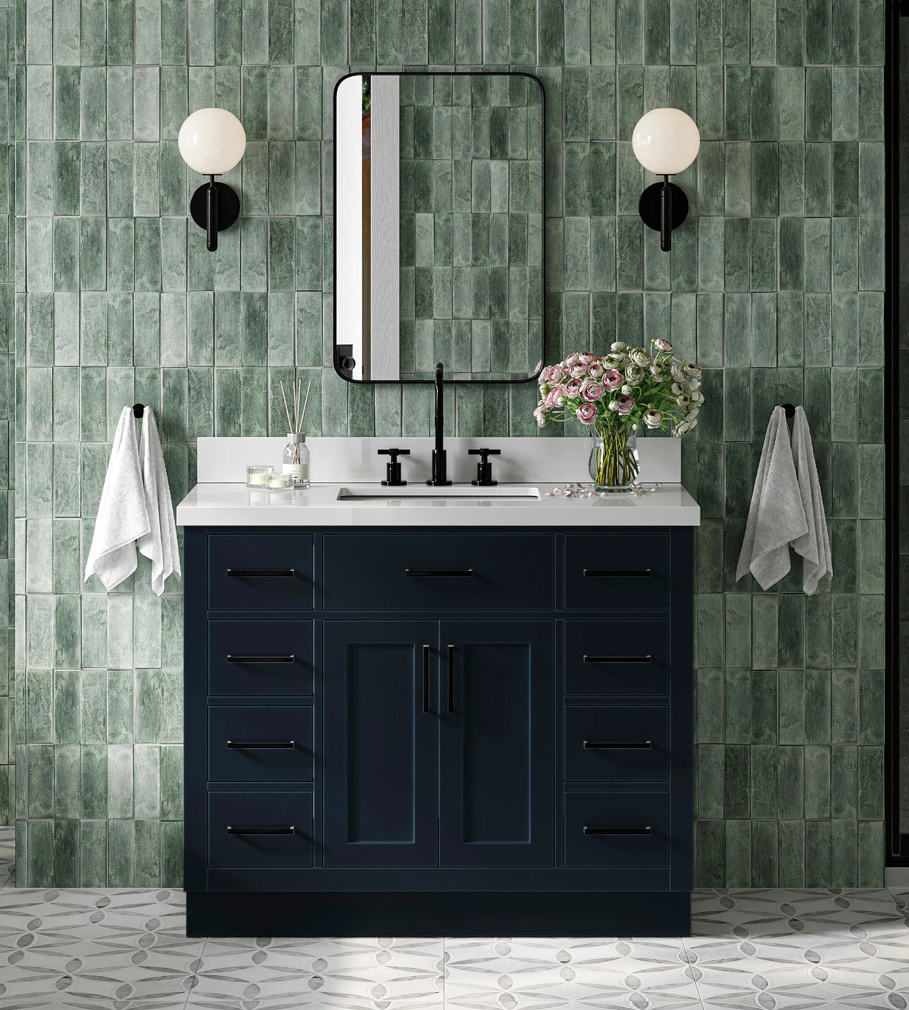 ARIEL Hepburn 43 In. Rectangle Sink Vanity With White Quartz Countertop In Midnight Blue