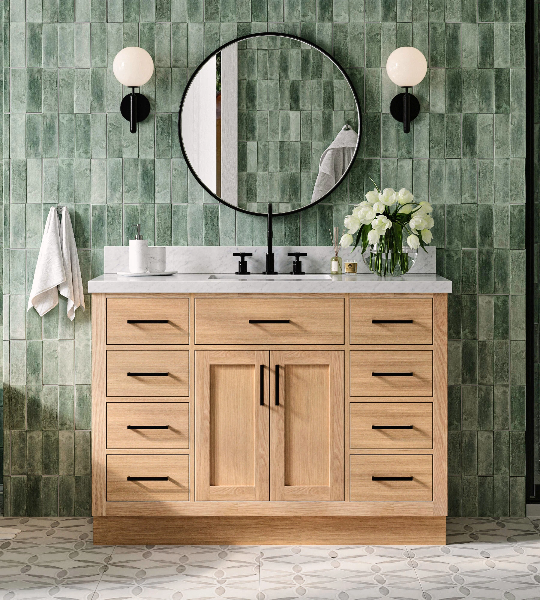 ARIEL Hepburn 49 Inch Single Rectangle Sink Bathroom Vanity With Italian Carrara Marble Countertop 1.5 Inch Edge In Oak