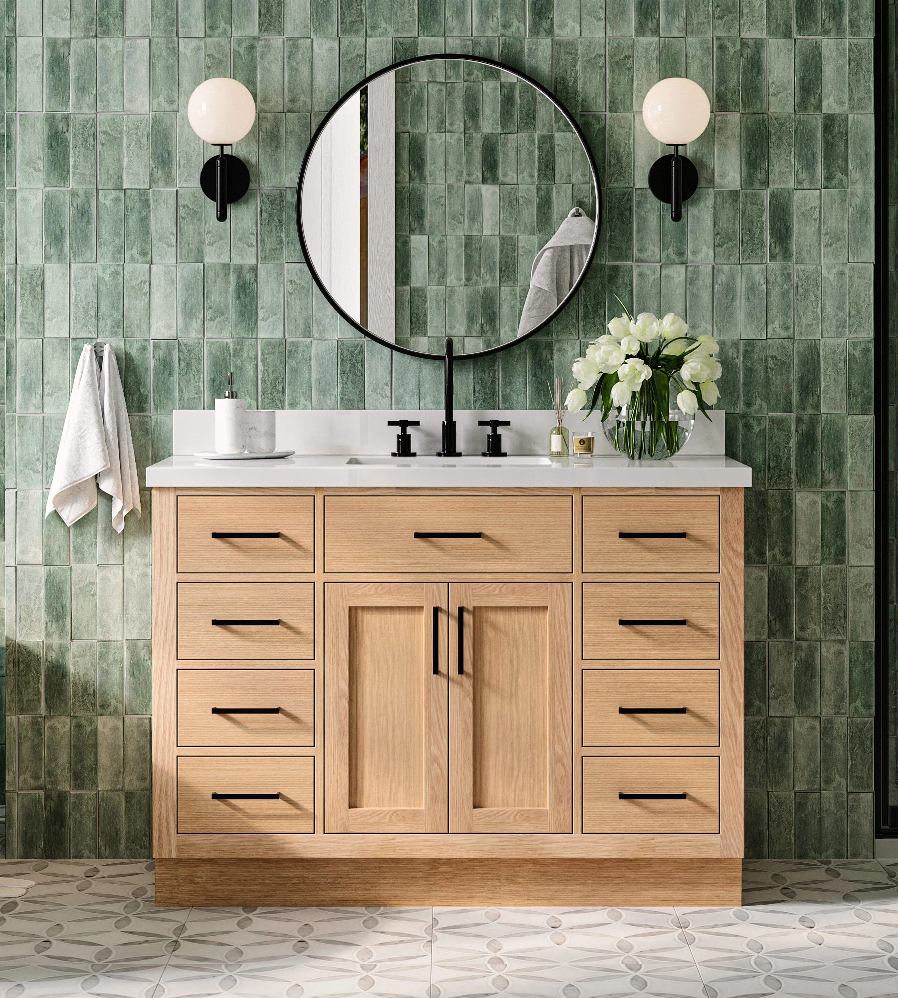ARIEL Hepburn 49 Inch Single Rectangle Sink Bathroom Vanity With Pure White Quartz Countertop 1.5 Inch Edge In Oak