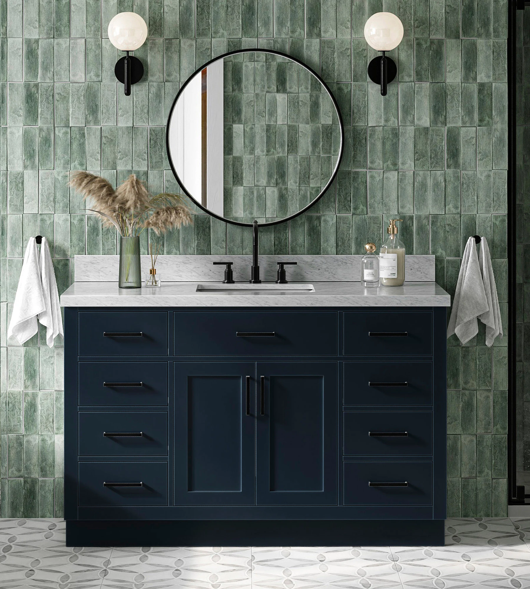 ARIEL Hepburn 55 In. Rectangle Sink Vanity With 1.5 In. Italian Carrara White Marble Countertop In Midnight Blue
