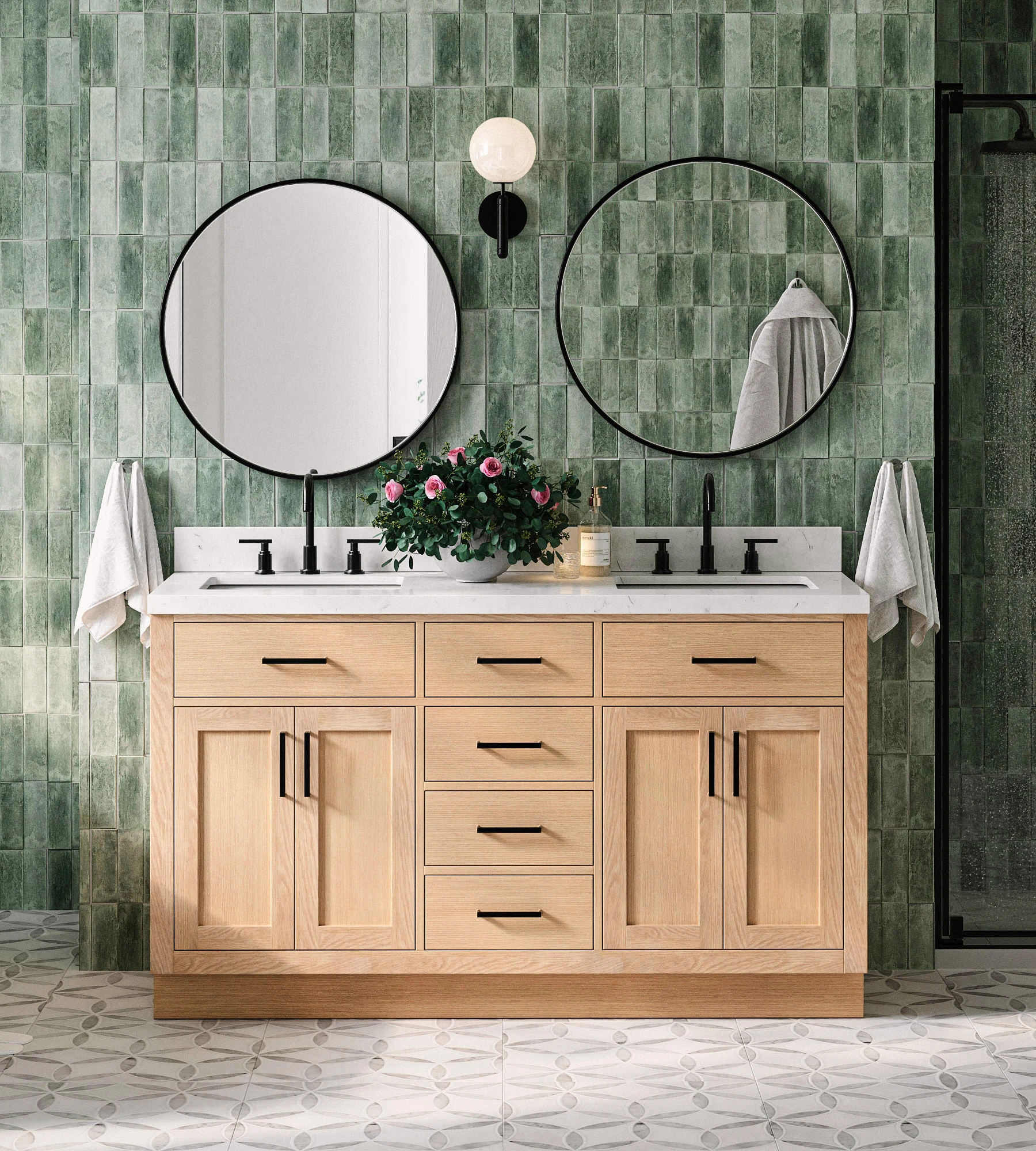 ARIEL Hepburn 60 Inch Double Sink Base Cabinet In Oak