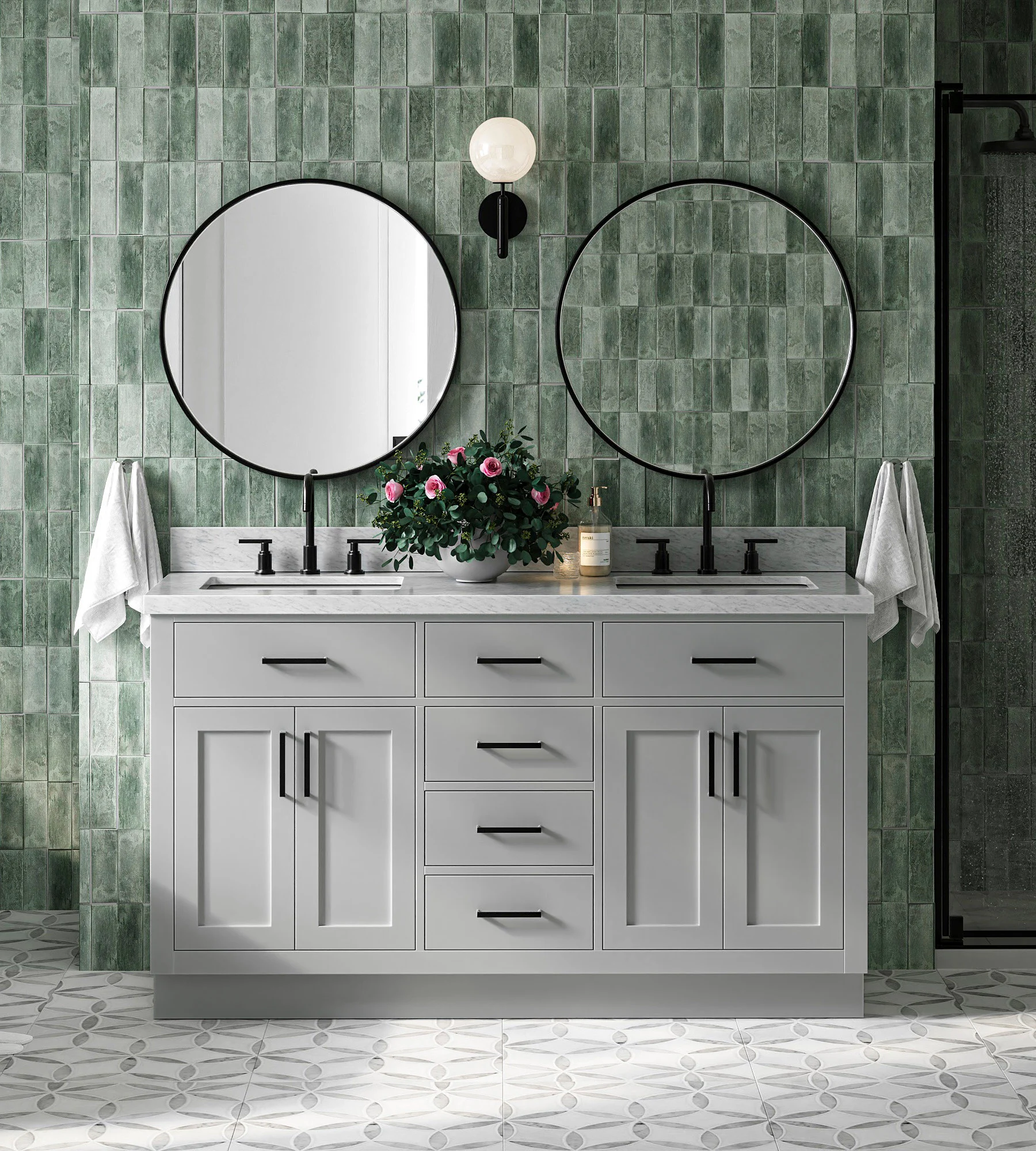 ARIEL Hepburn 61 In. Double Rectangle Sink Vanity With 1.5 In. Italian Carrara White Marble Countertop In Grey