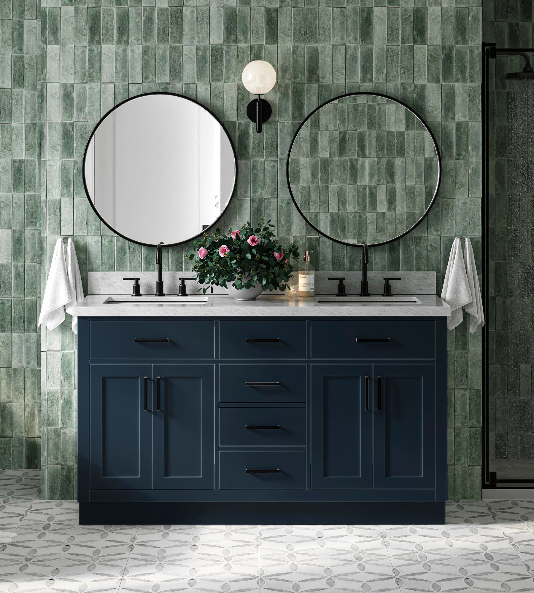 ARIEL Hepburn 61 In. Double Rectangle Sink Vanity With 1.5 In. Italian Carrara White Marble Countertop In Midnight Blue