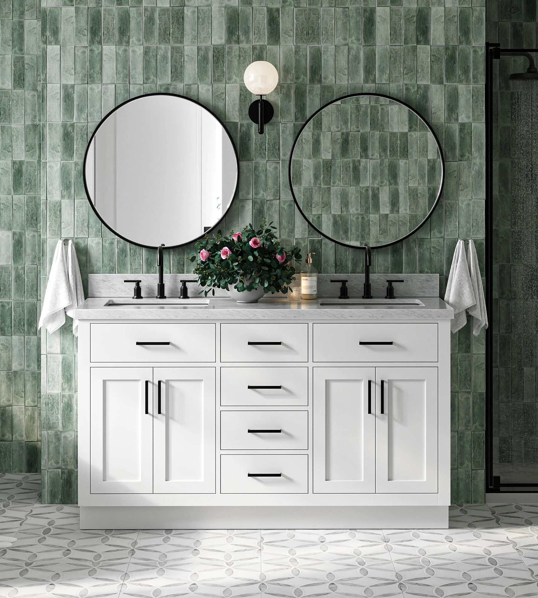 ARIEL Hepburn 61 In. Double Rectangle Sink Vanity With 1.5 In. Italian Carrara White Marble Countertop In White