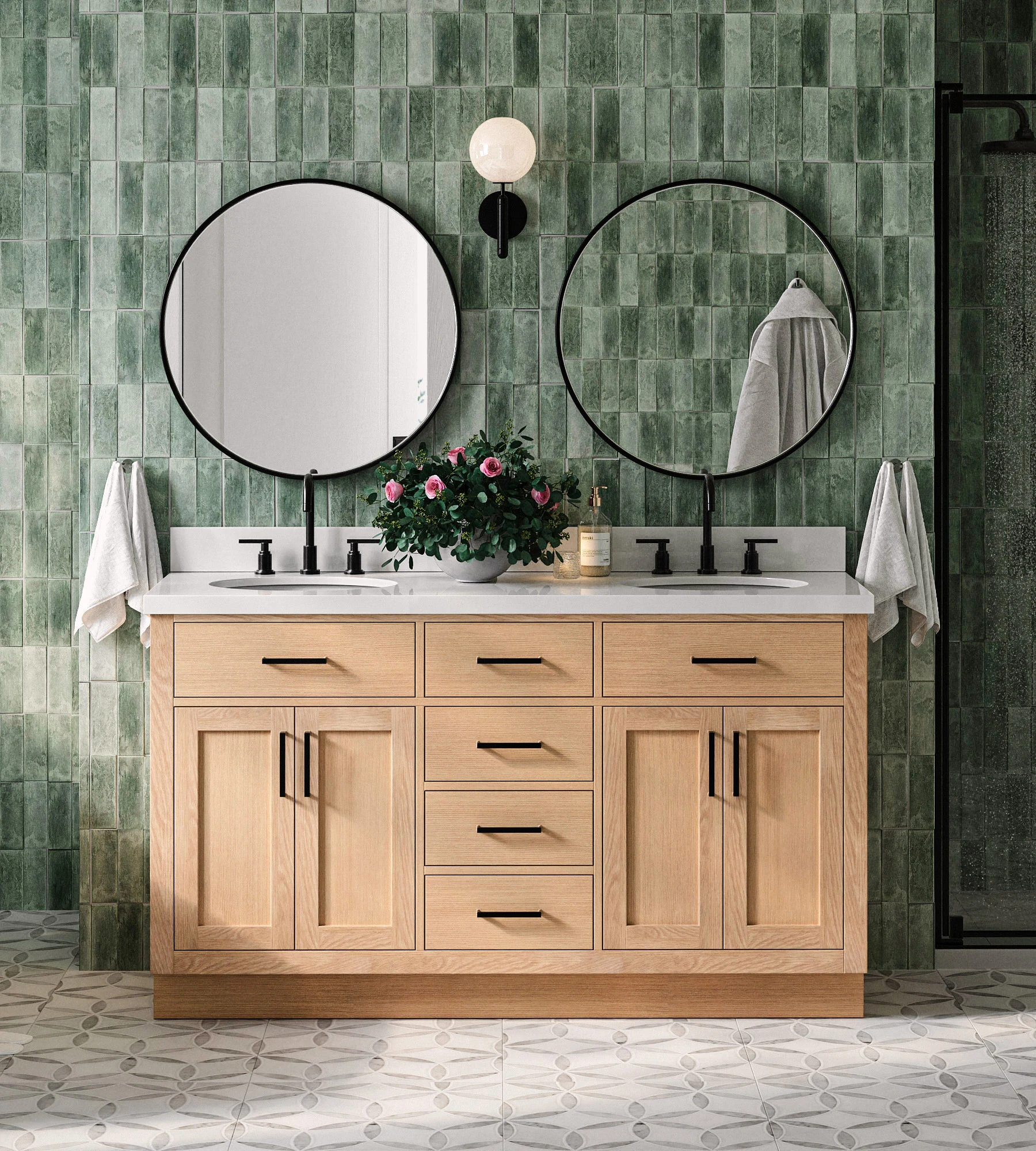 ARIEL Hepburn 61 Inch Double Oval Sink Bathroom Vanity With Pure White Quartz Countertop 1.5 Inch Edge In Oak