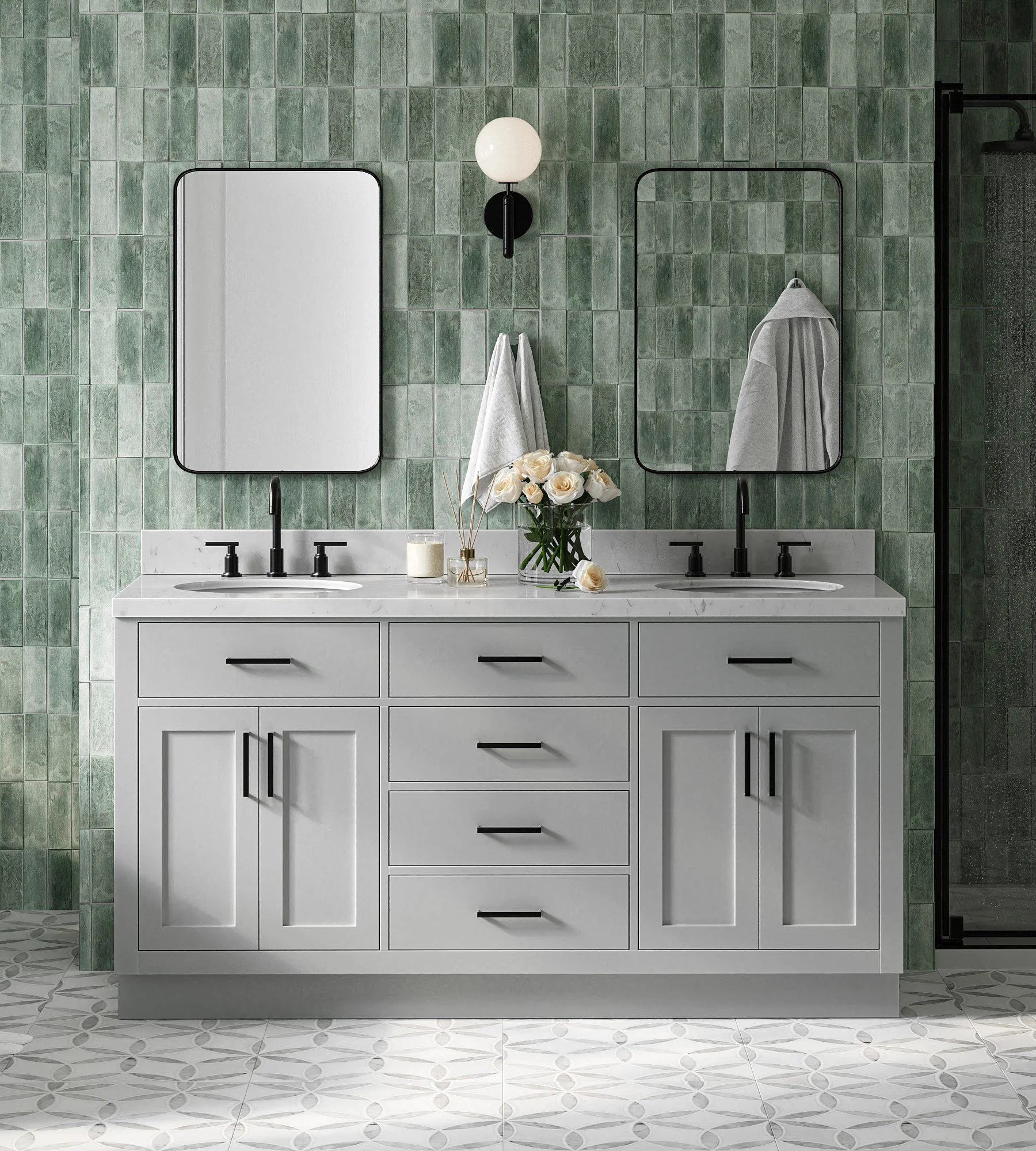 Ariel Hepburn 66 Inch Double Sink Base Cabinet In Grey