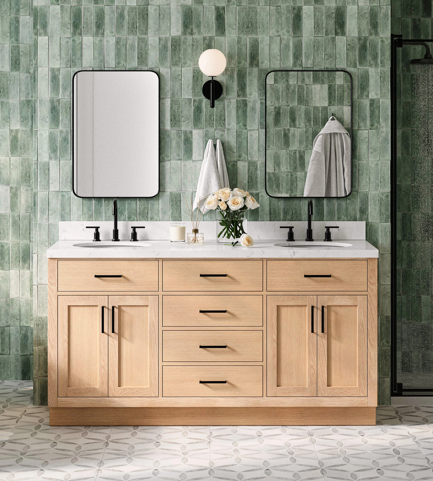 ARIEL Hepburn 66 Inch Double Oval Sink Bathroom Vanity With Carrara White Quartz Countertop 1.5 Inch Edge In Oak