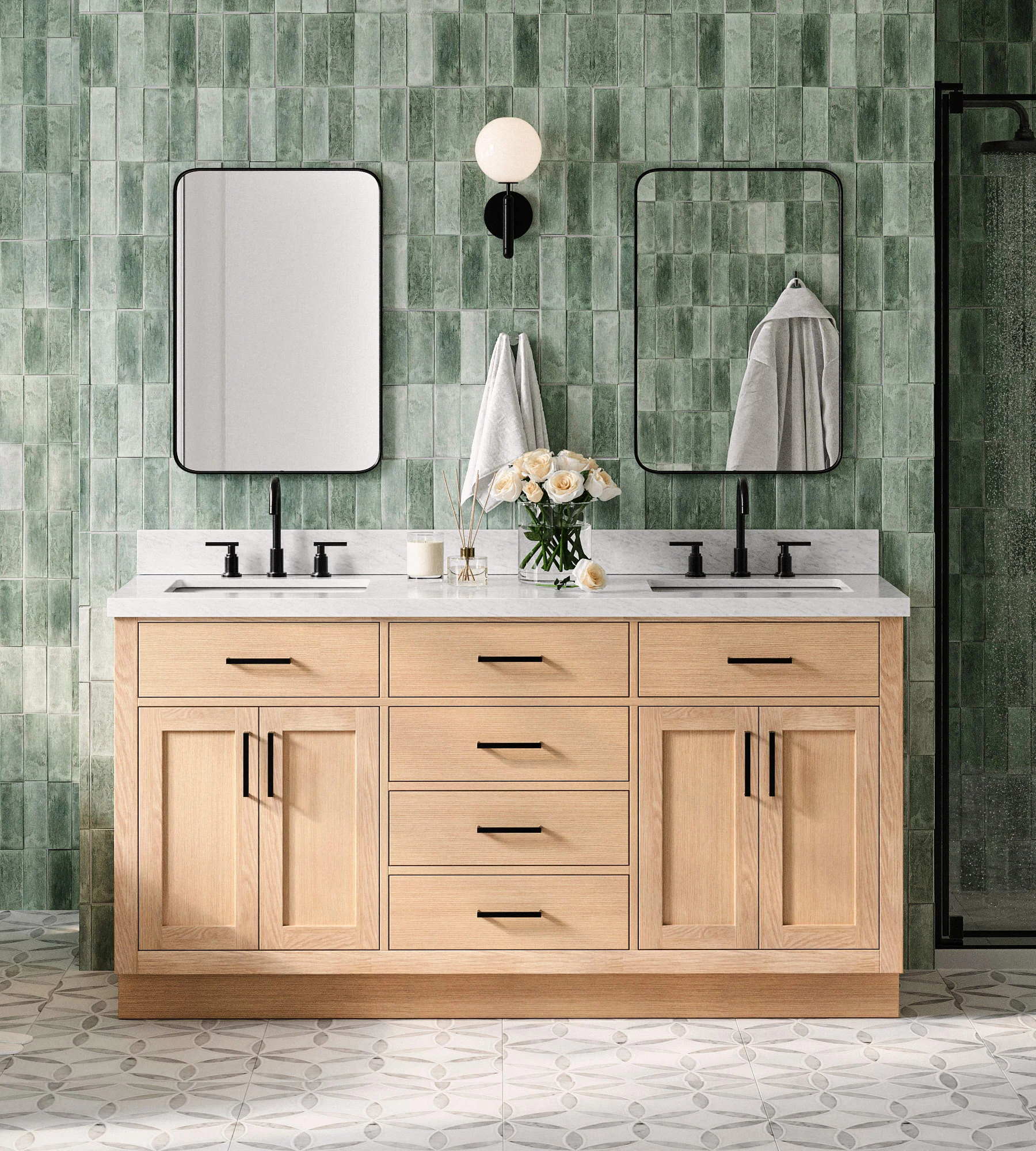 ARIEL Hepburn 67 Inch Double Rectangle Sink Bathroom Vanity With Italian Carrara White Marble Countertop 1.5 Inch Edge In Oak