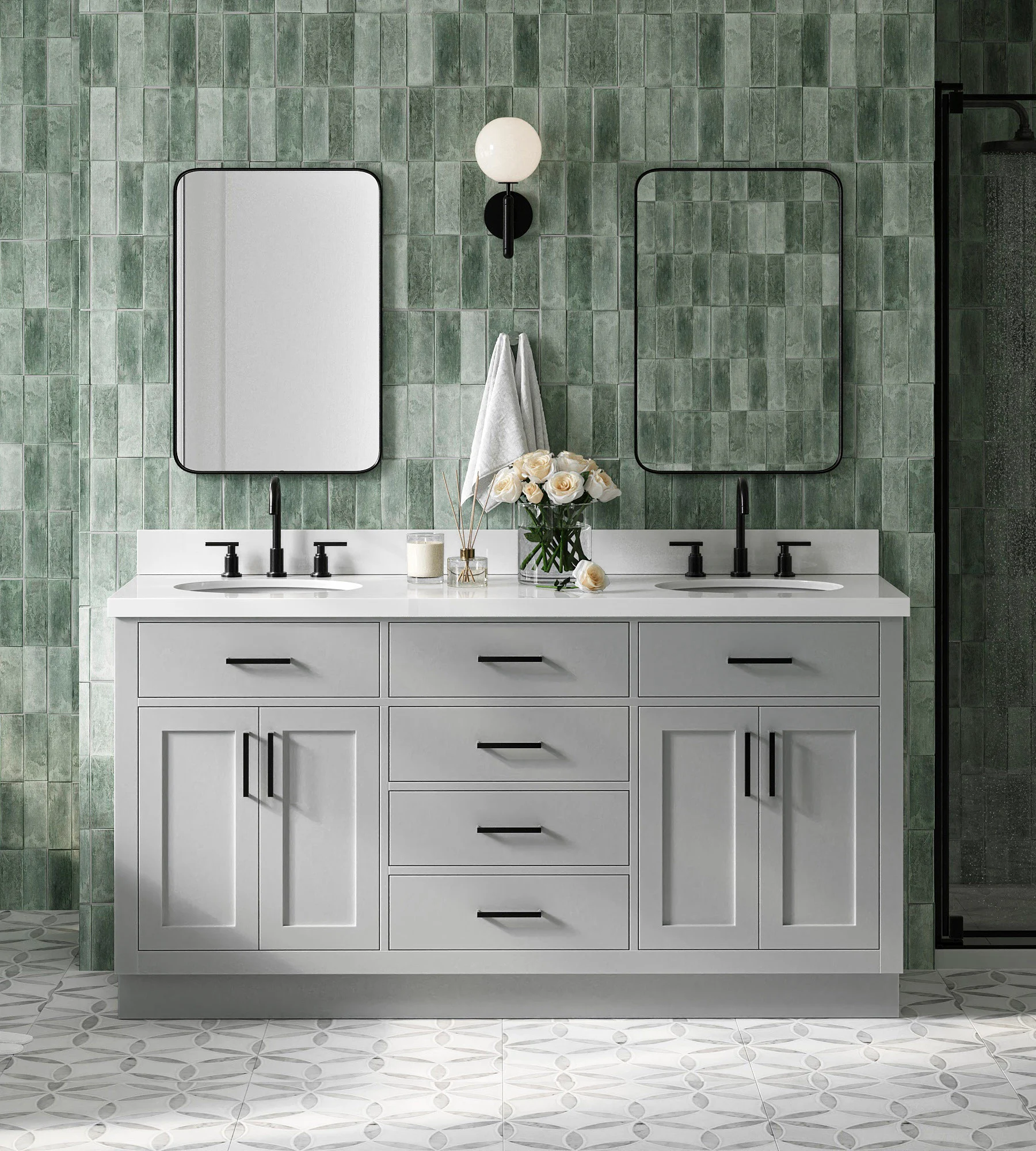 ARIEL Hepburn 67 Inch Double Oval Sink Vanity With White Quartz Countertop With 1.5 Edge In Grey