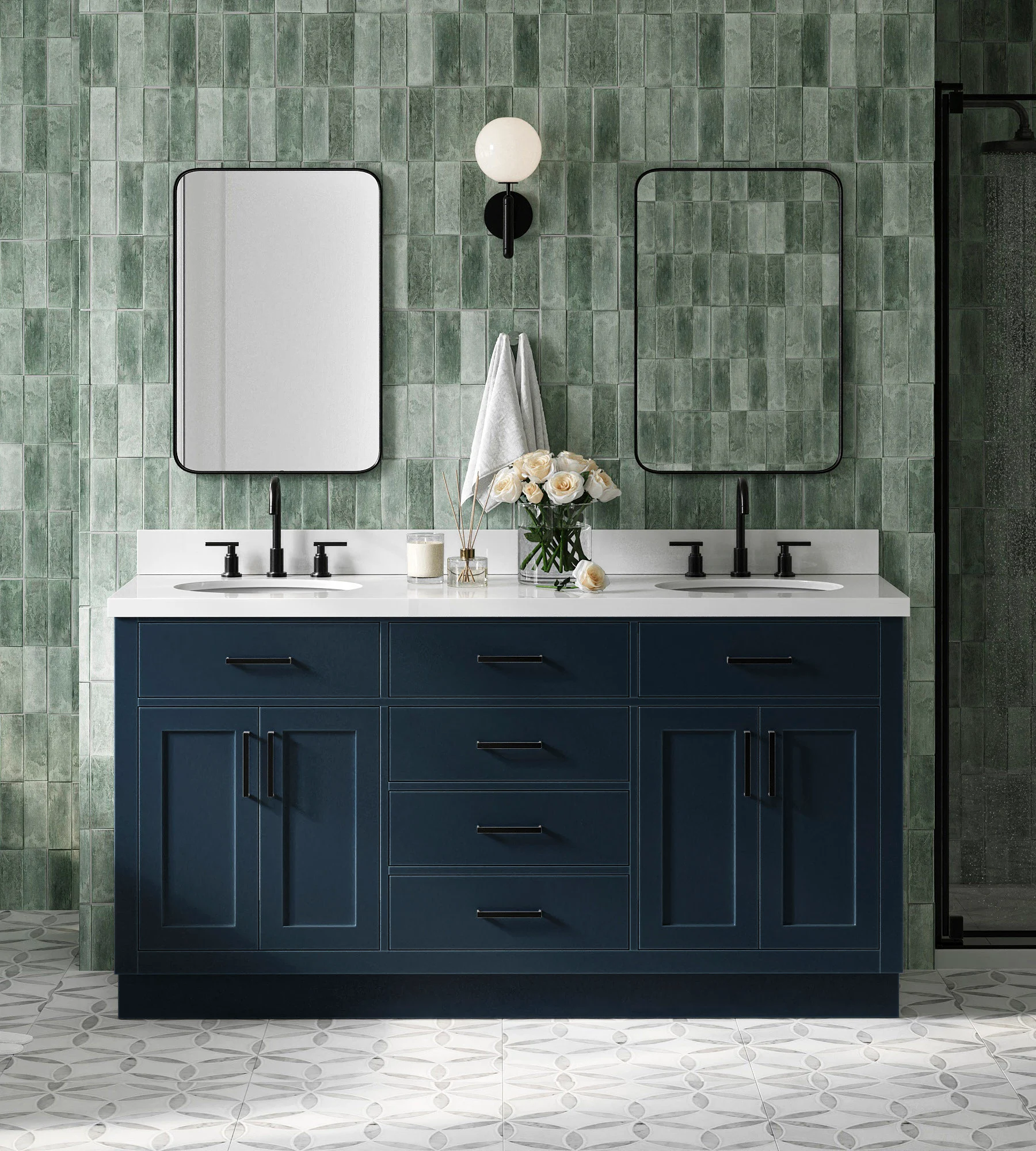 ARIEL Hepburn 67 Inch Double Oval Sink Vanity With White Quartz Countertop With 1.5 Edge In Midnight Blue