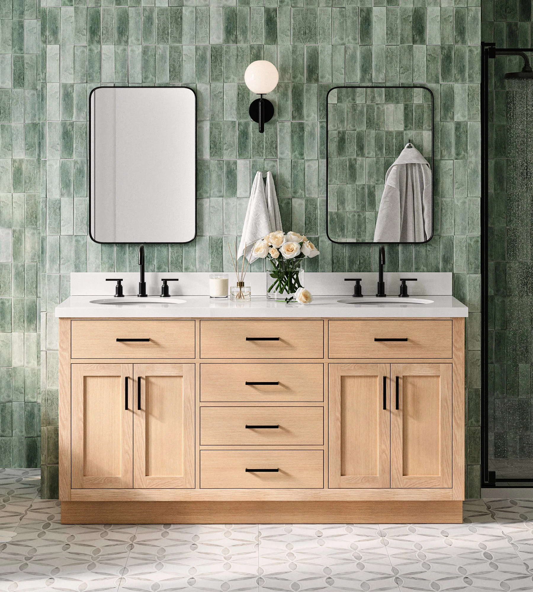 ARIEL Hepburn 67 Inch Double Oval Sink Bathroom Vanity With Pure White Quartz Countertop 1.5 Inch Edge In Oak