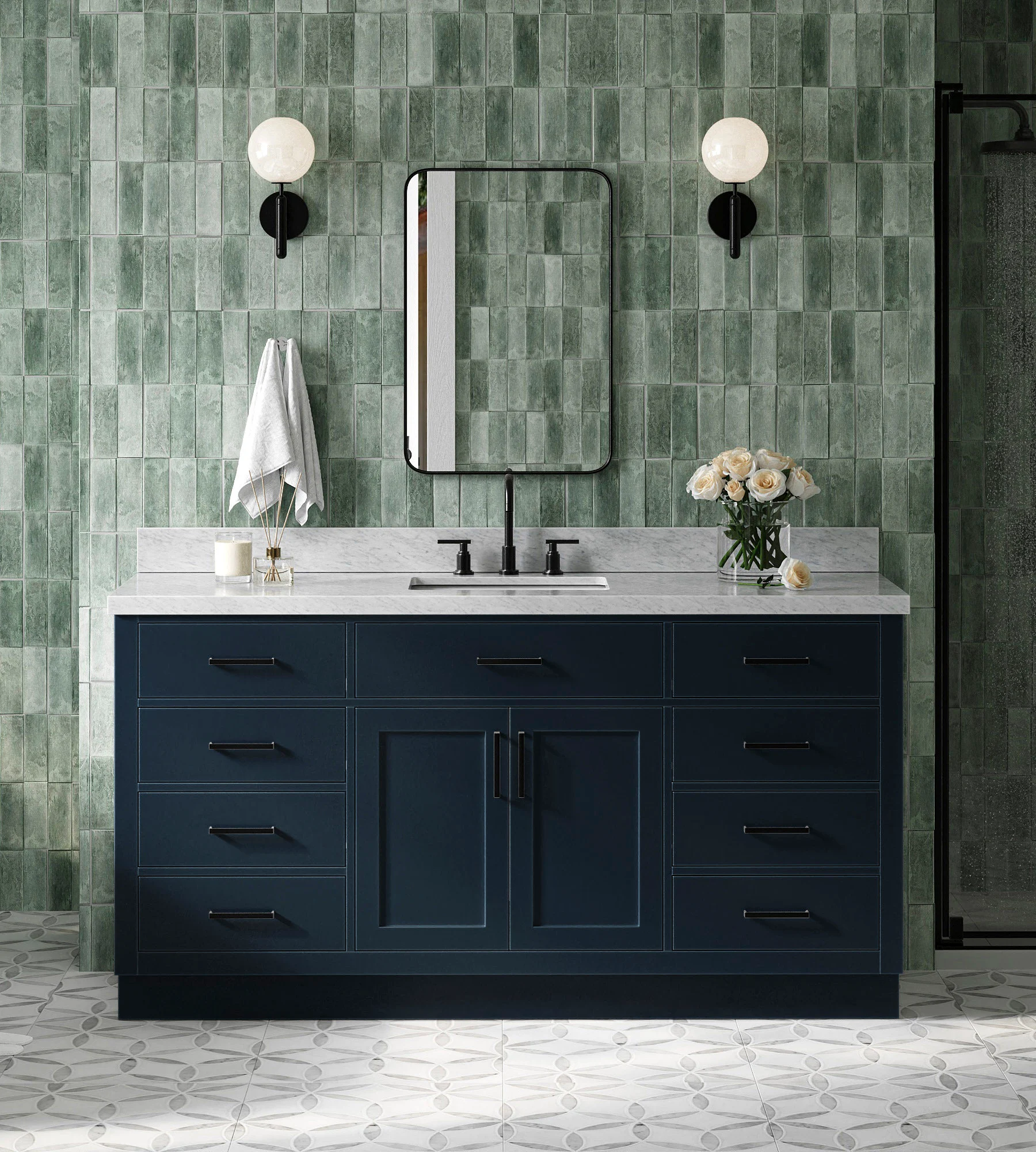 ARIEL Hepburn 67 Inch Single Rectangle Sink Vanity With Italian Carrara White Marble Countertop With 1.5 Edge In Midnight Blue