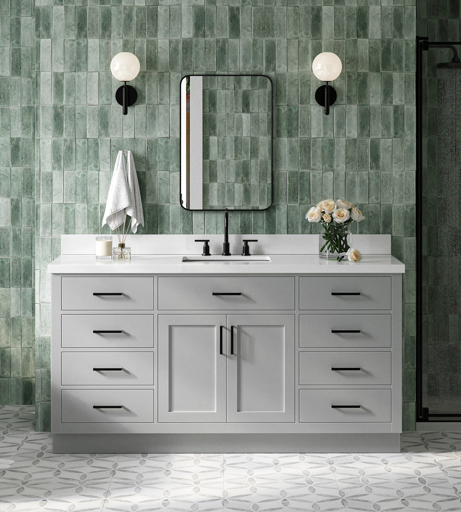 ARIEL Hepburn 67 Inch Single Rectangle Sink Vanity With White Quartz Countertop With 1.5 Edge In Grey