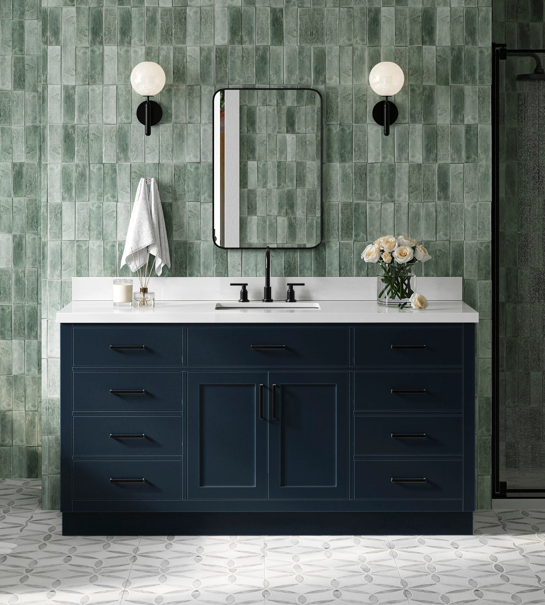 ARIEL Hepburn 67 Inch Single Rectangle Sink Vanity With White Quartz Countertop With 1.5 Edge In Midnight Blue