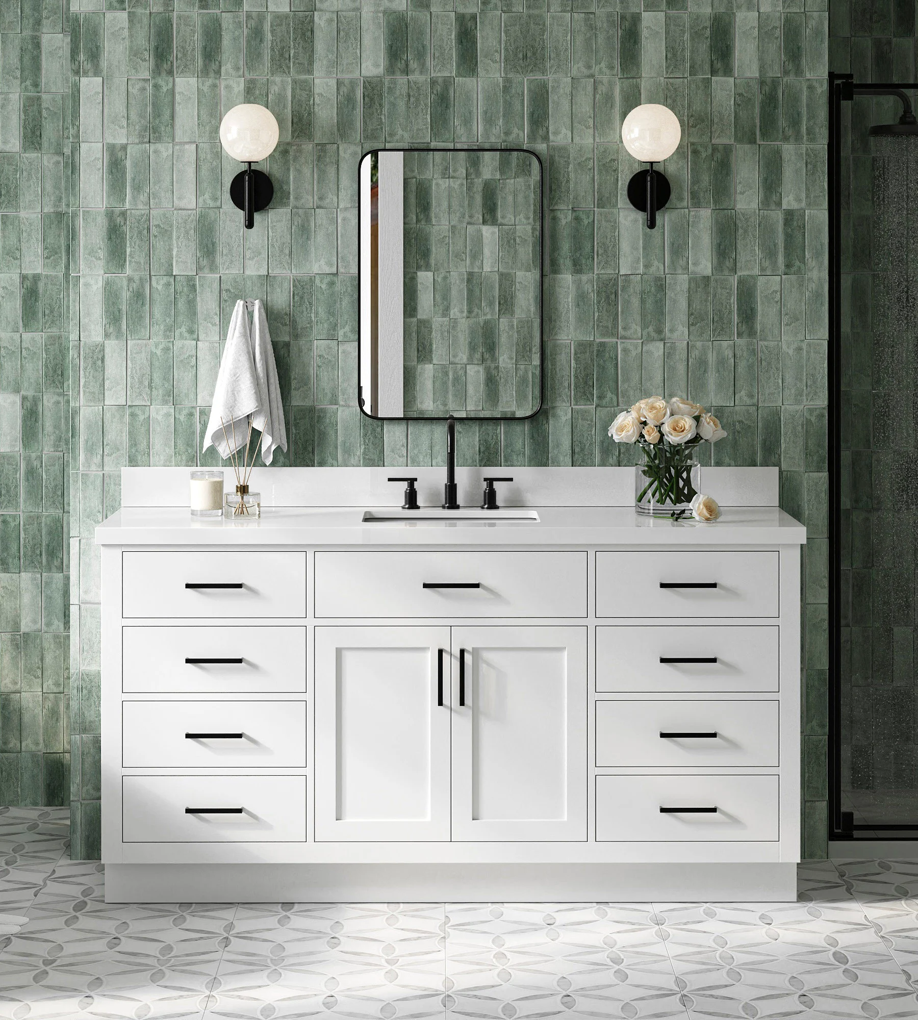 ARIEL Hepburn 67 Inch Single Rectangle Sink Vanity With White Quartz Countertop With 1.5 Edge In White