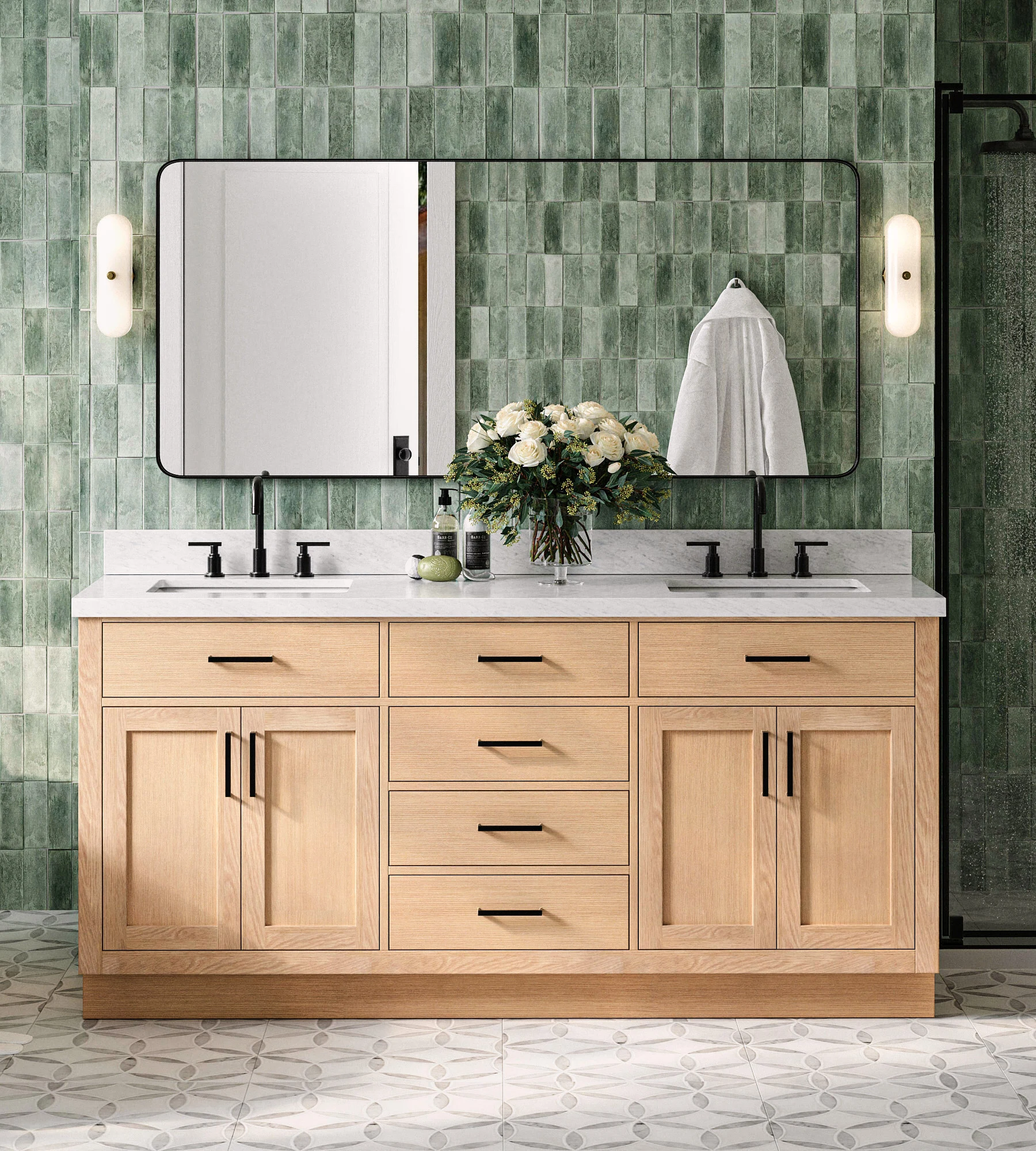 ARIEL Hepburn 73 Inch Double Rectangle Sink Bathroom Vanity With Italian Carrara Marble Countertop 1.5 Inch Edge In Oak