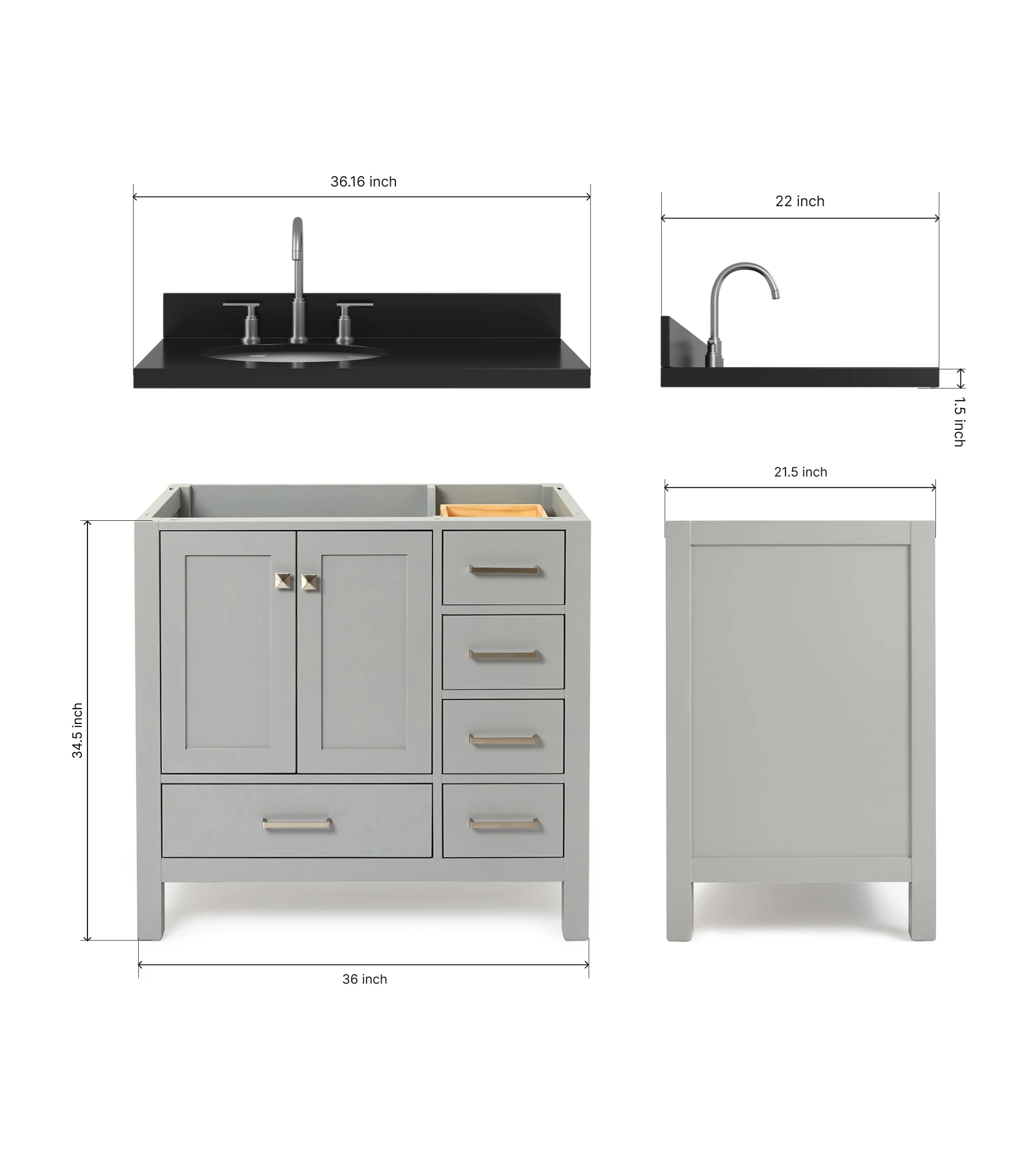 ARIEL Cambridge 36 Inch Left Offset Single Oval Sink Bathroom Vanity With Carbon Black Quartz Countertop 1.5 Inch In Grey