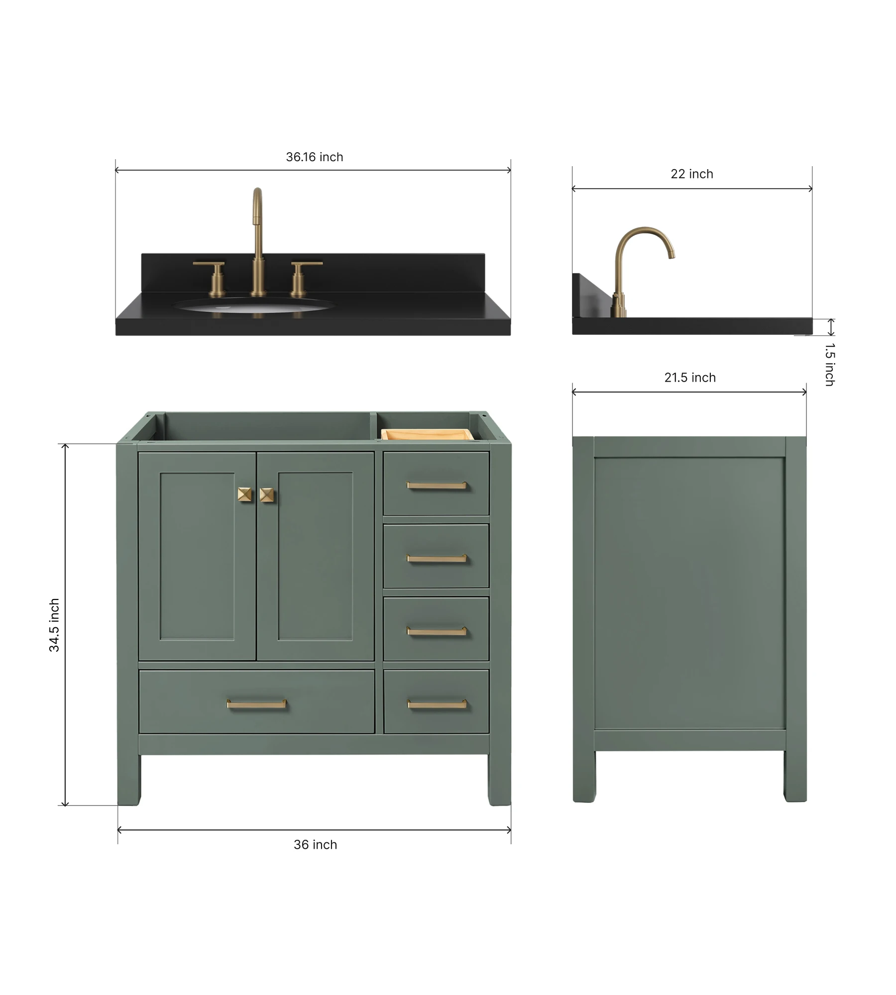 ARIEL Cambridge 36 Inch Left Offset Single Oval Sink Bathroom Vanity With Carbon Black Quartz Countertop 1.5 Inch In Vintage Sage Green