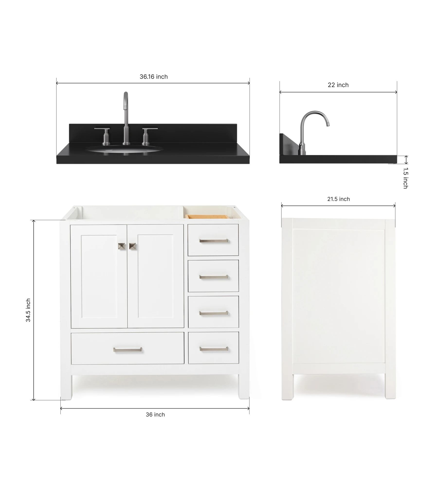 ARIEL Cambridge 36 Inch Left Offset Single Oval Sink Bathroom Vanity With Carbon Black Quartz Countertop 1.5 Inch In White