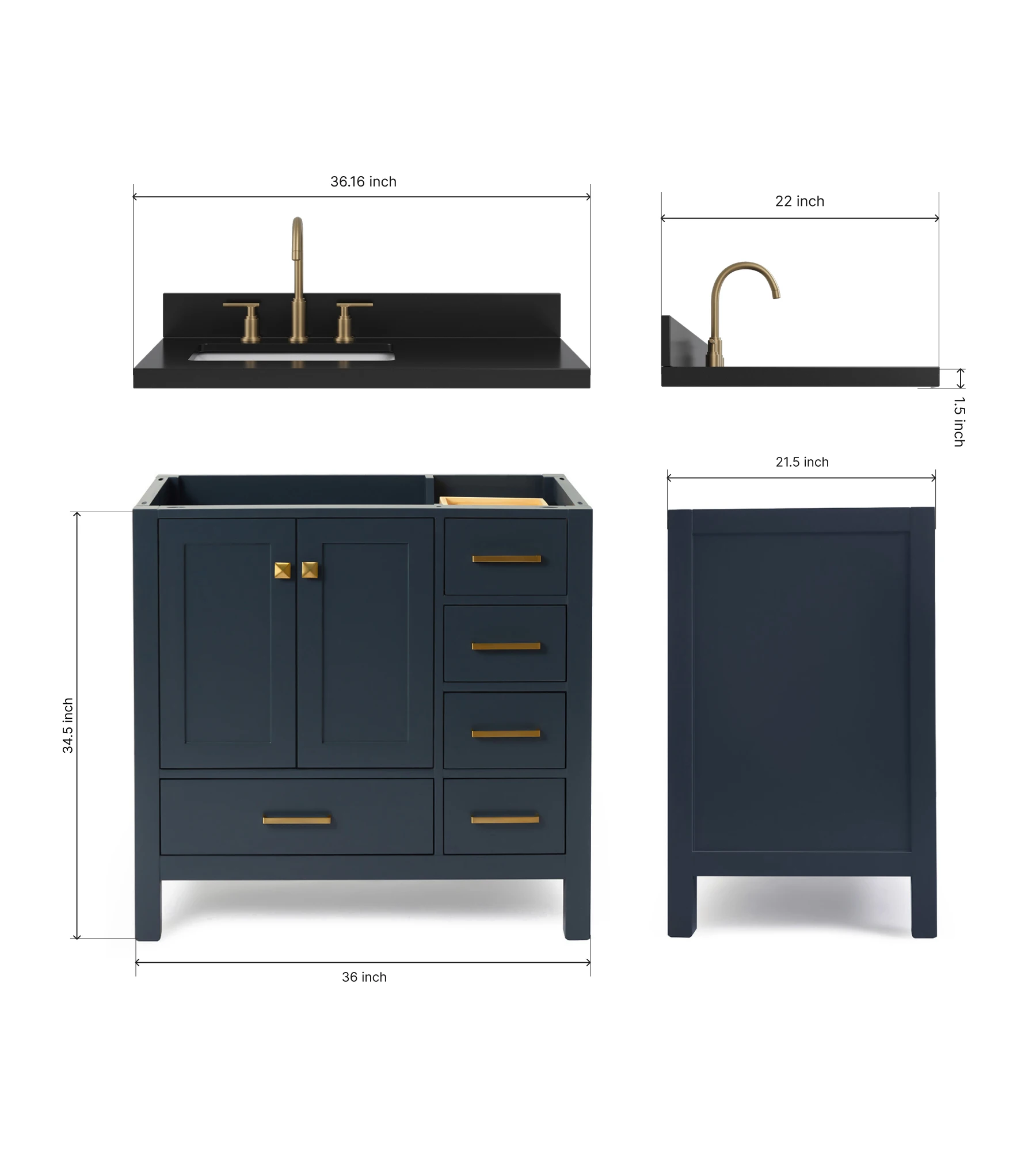 ARIEL Cambridge 36 Inch Left Offset Single Rectangle Sink Bathroom Vanity With Carbon Black Quartz Countertop 1.5 Inch In Midnight Blue