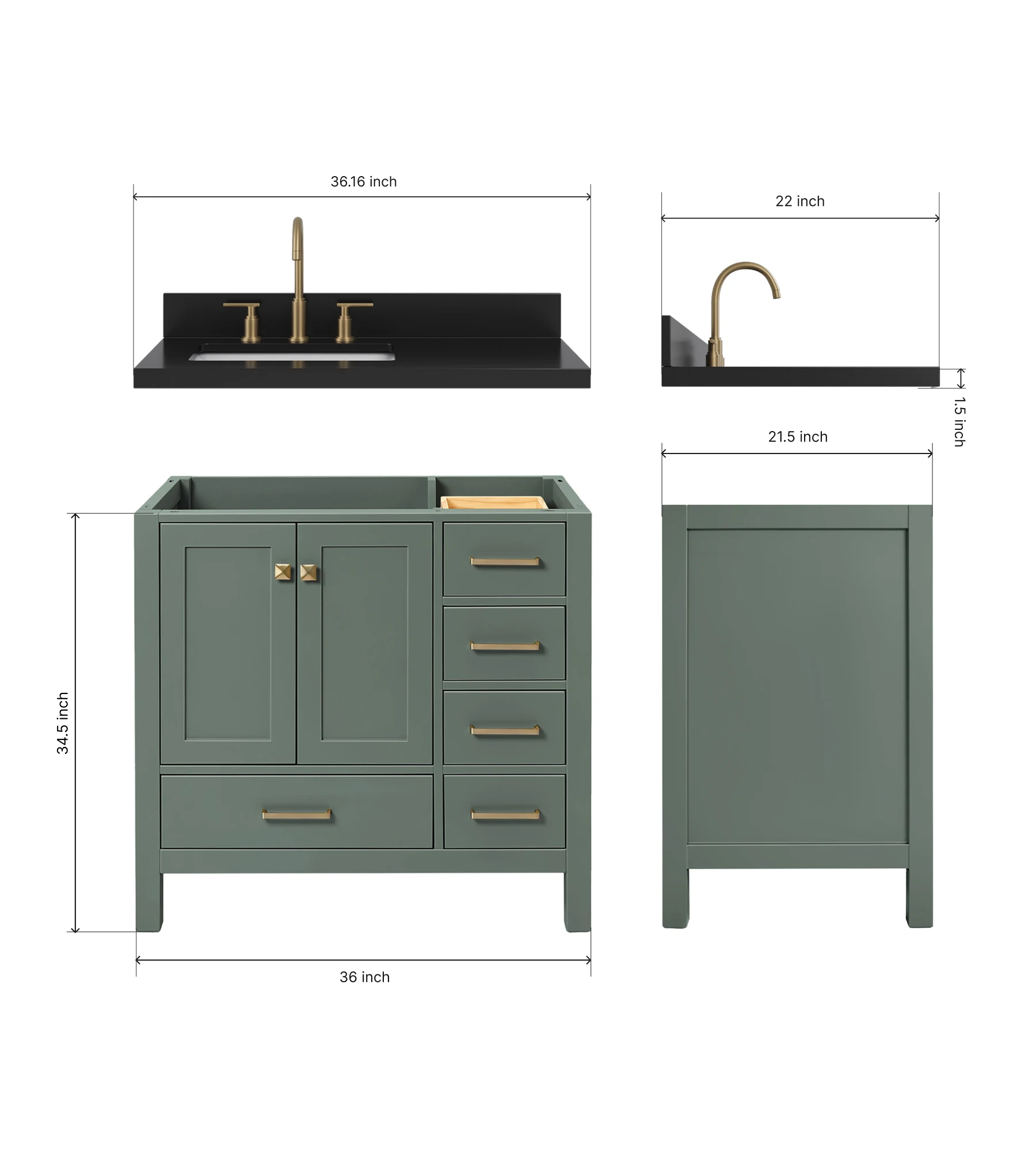 ARIEL Cambridge 36 Inch Left Offset Single Rectangle Sink Bathroom Vanity With Carbon Black Quartz Countertop 1.5 Inch In Vintage Sage Green