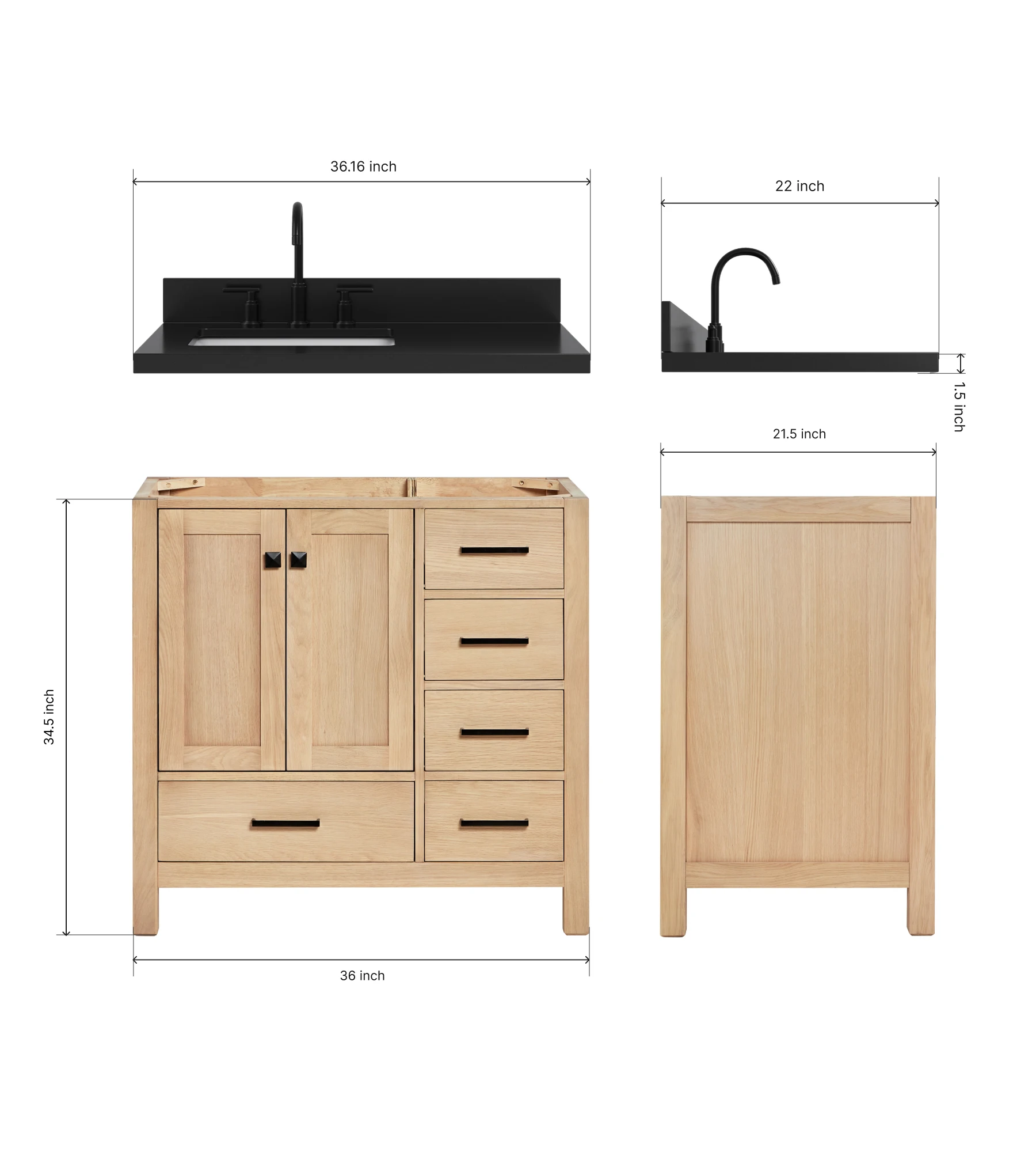 ARIEL Cambridge 36 Inch Left Offset Single Rectangle Sink Bathroom Vanity With Carbon Black Quartz Countertop 1.5 Inch In Oak